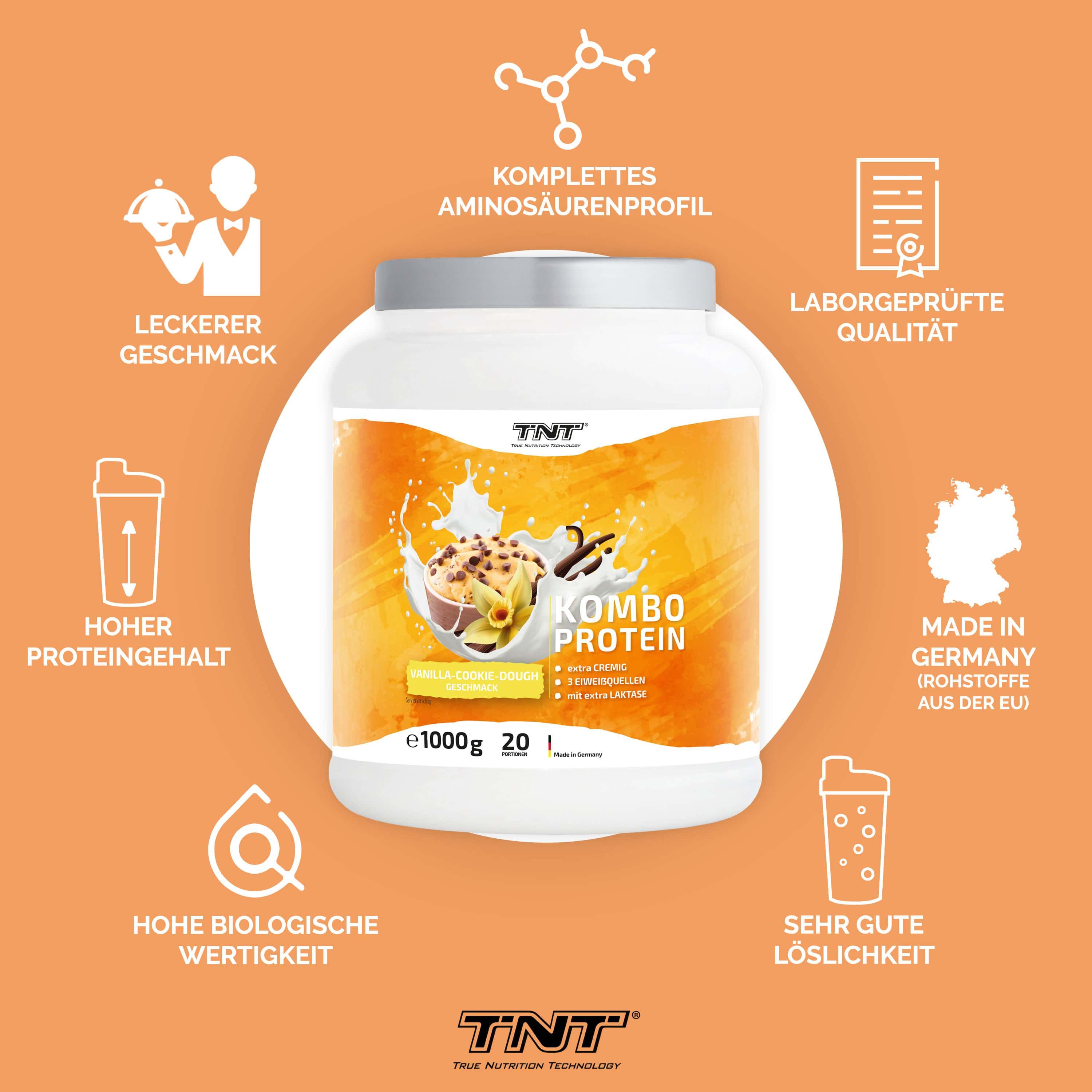 TNT Kombo Protein-Behälter, umgeben von Icons. Aufdruck: Kombo Protein, 1000g. Icons: Aminosäuren, Qualität, Made in Germany, Löslichkeit.