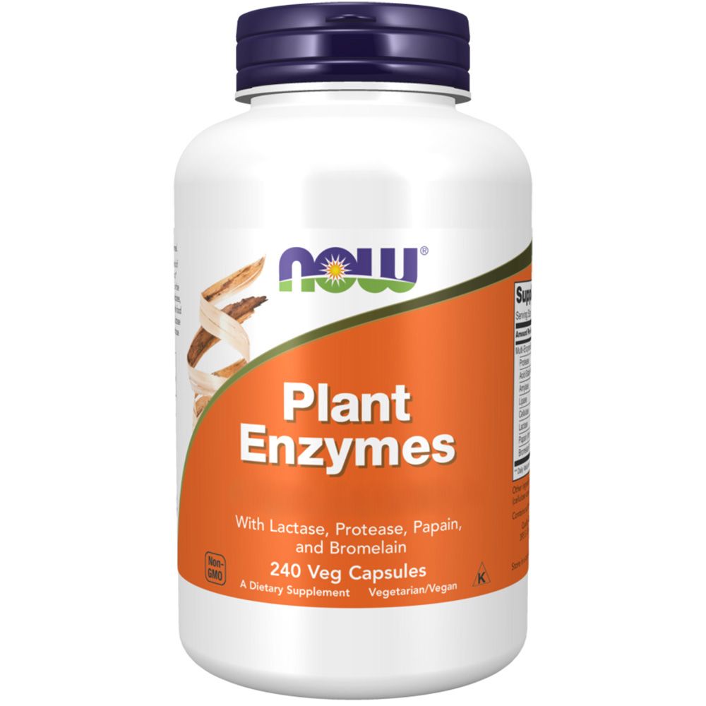 Weiße Flasche mit blauem Deckel. Aufschrift: Plant Enzymes. 240 Veg Capsules. Marke: NOW. Orangefarbener Hintergrund mit Abbildung von Pflanzen.