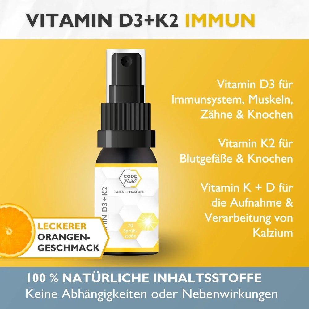 Sprayflasche mit gelbem Hintergrund. Aufschrift: Vitamin D3+K2 Immun. Text über Vitamin D3, K2 und Kalzium. Orange-Geschmack.
