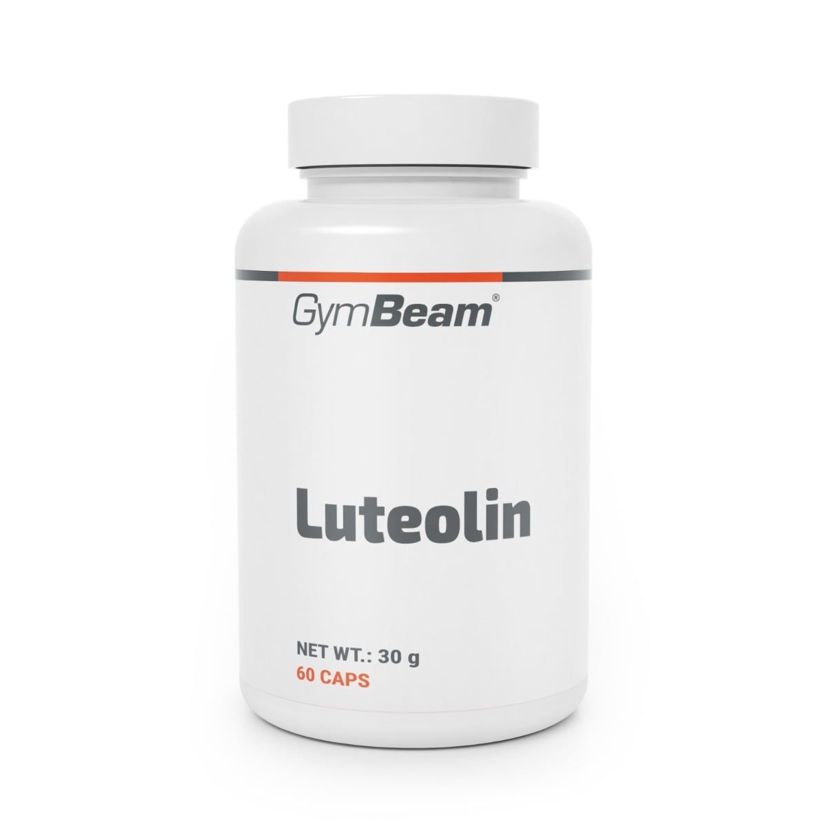 GymBeam Luteolin Kapseln, weißer Behälter mit rotem und schwarzem Etikett, 60 Kapseln.