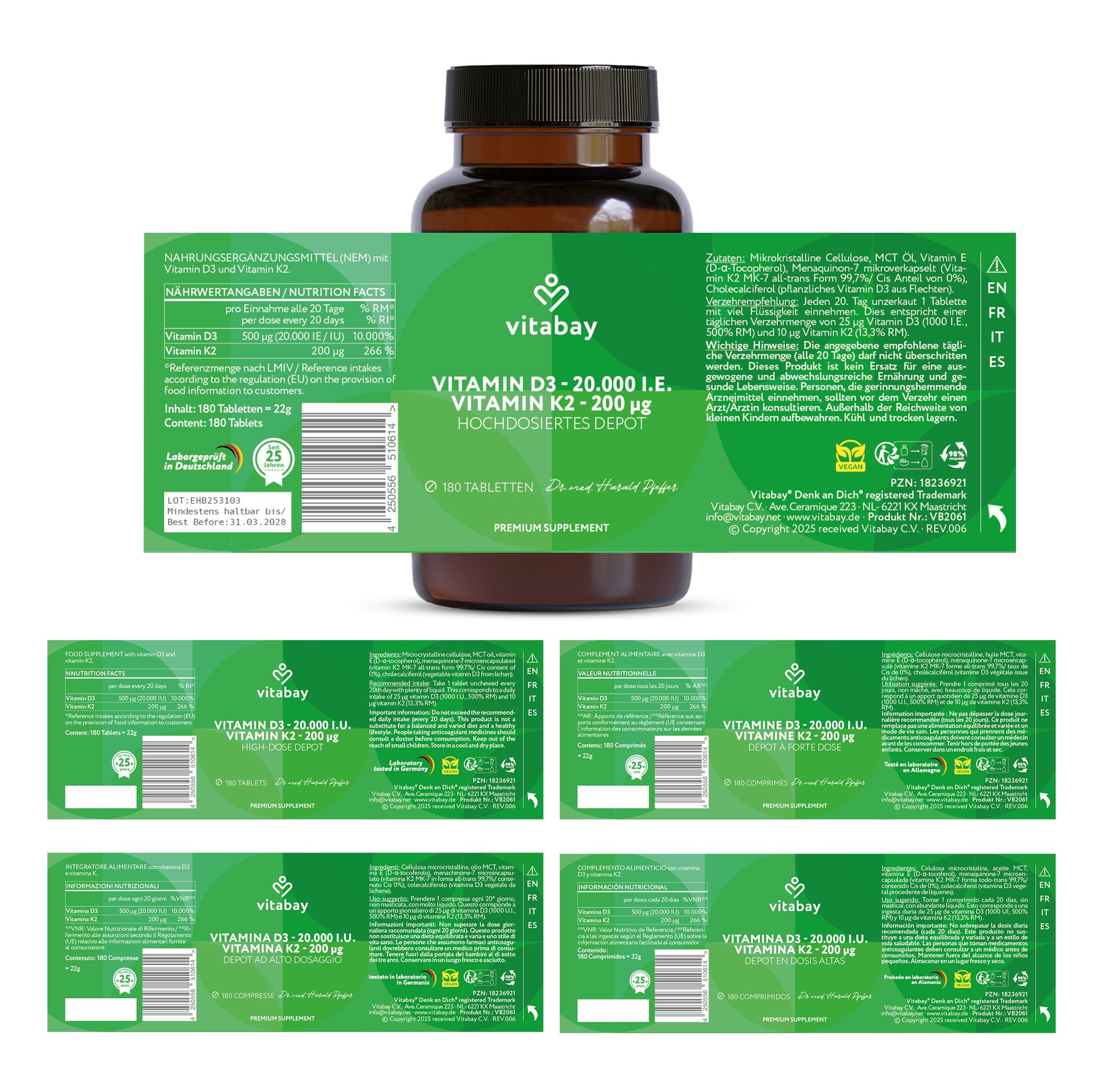 Produktflasche mit Etikett. Text: Vitamin D3 20.000 I.E. Vitamin K2 200 µg. Hochdosiertes Depot. 180 Tabletten. Vitabay Logo.