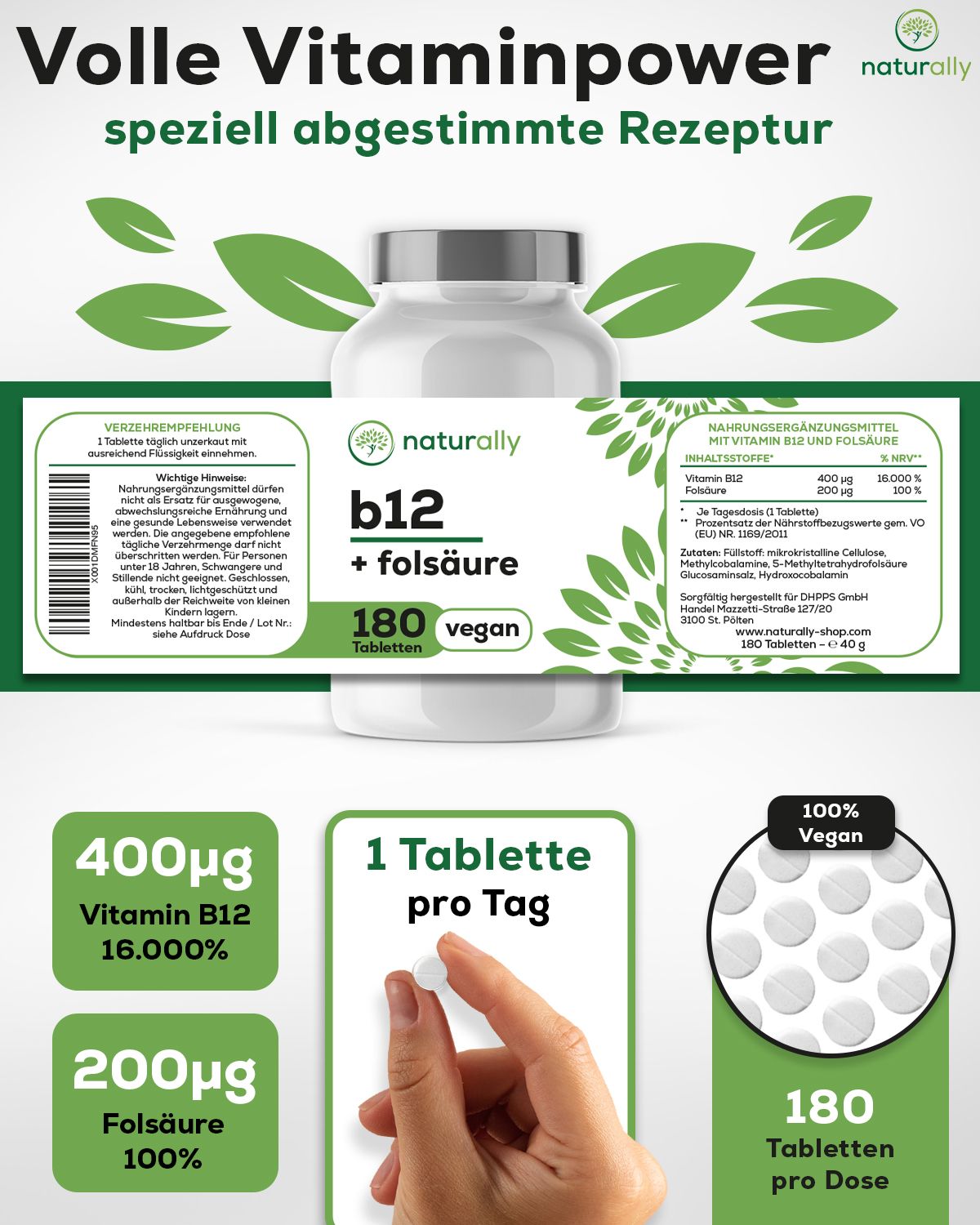 Produktabbildung mit Tablettenflasche, Tablette und Infografik. Aufschrift: naturally, b12 + folsäure, 180 Tabletten.