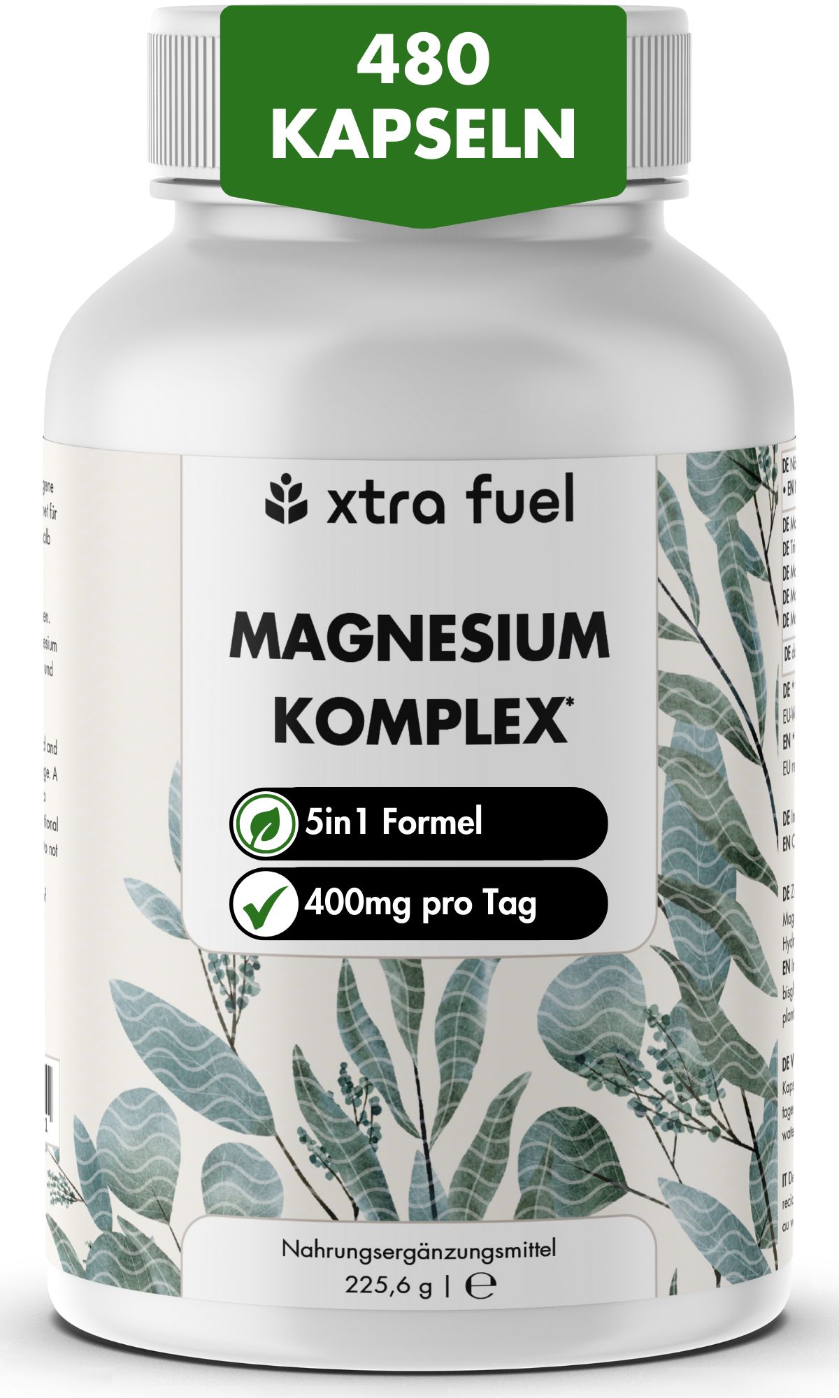 Weißes Flasche mit Kapseln. Aufschrift: XTRA FUEL Magnesium Komplex, 480 Kapseln. Grün-weiße Blätter als Design.