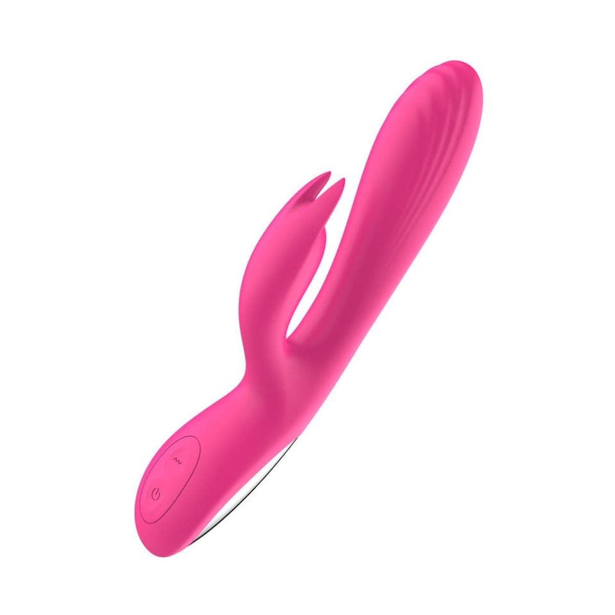 Rosa Vibrator mit Kaninchenohren-Design. Mit Bedienknöpfen und geriffelter Oberfläche.