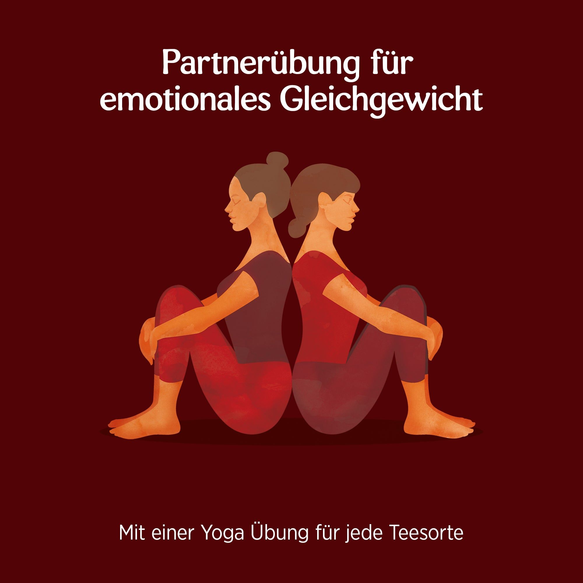 Illustration von zwei Frauen, die sich im Schneidersitz gegenüber sitzen. Text: Partnerübung für emotionales Gleichgewicht.