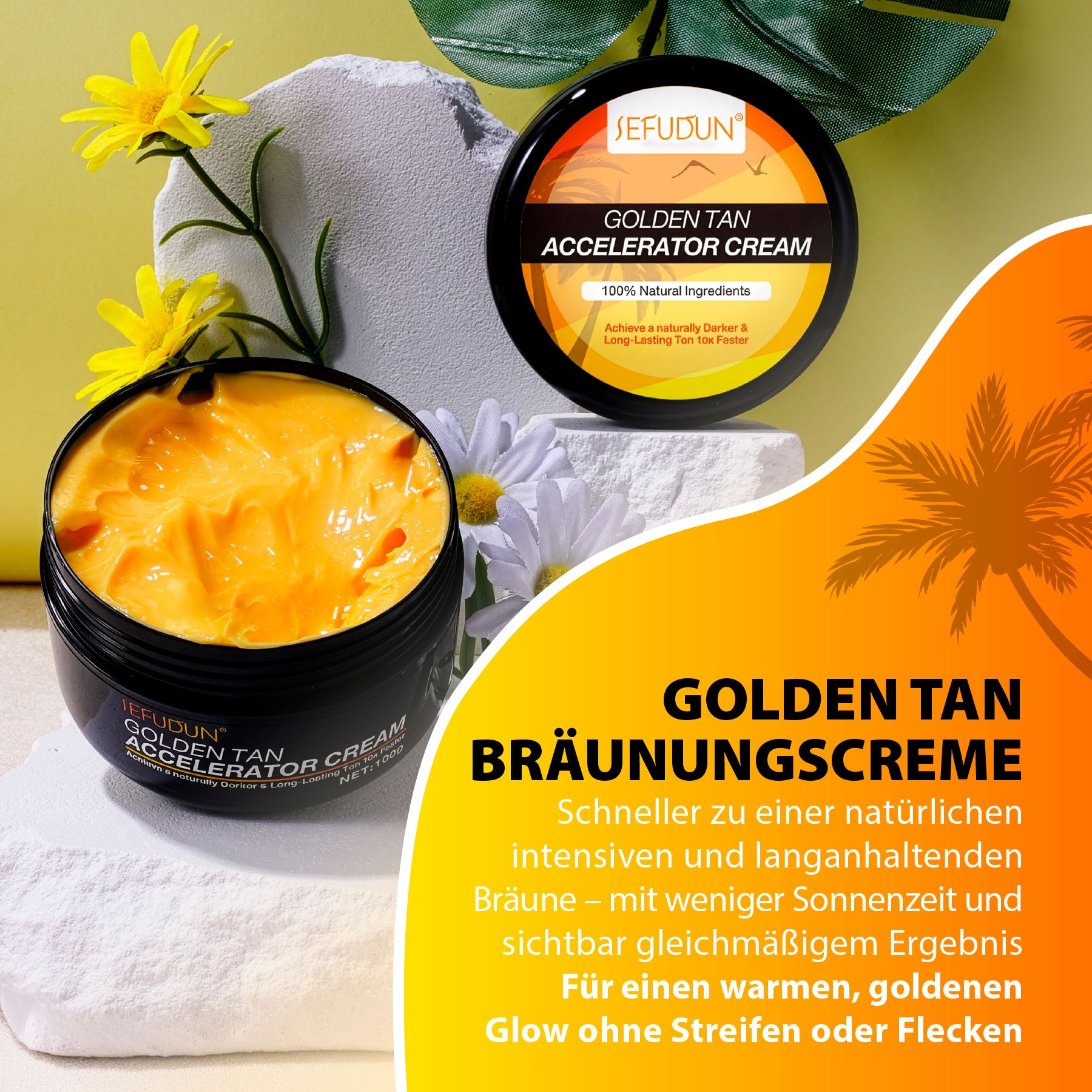 Offener Tiegel mit goldfarbener Creme. Aufschrift SEFUDUN GOLDEN TAN ACCELERATOR CREAM. Gelber Hintergrund mit Text.