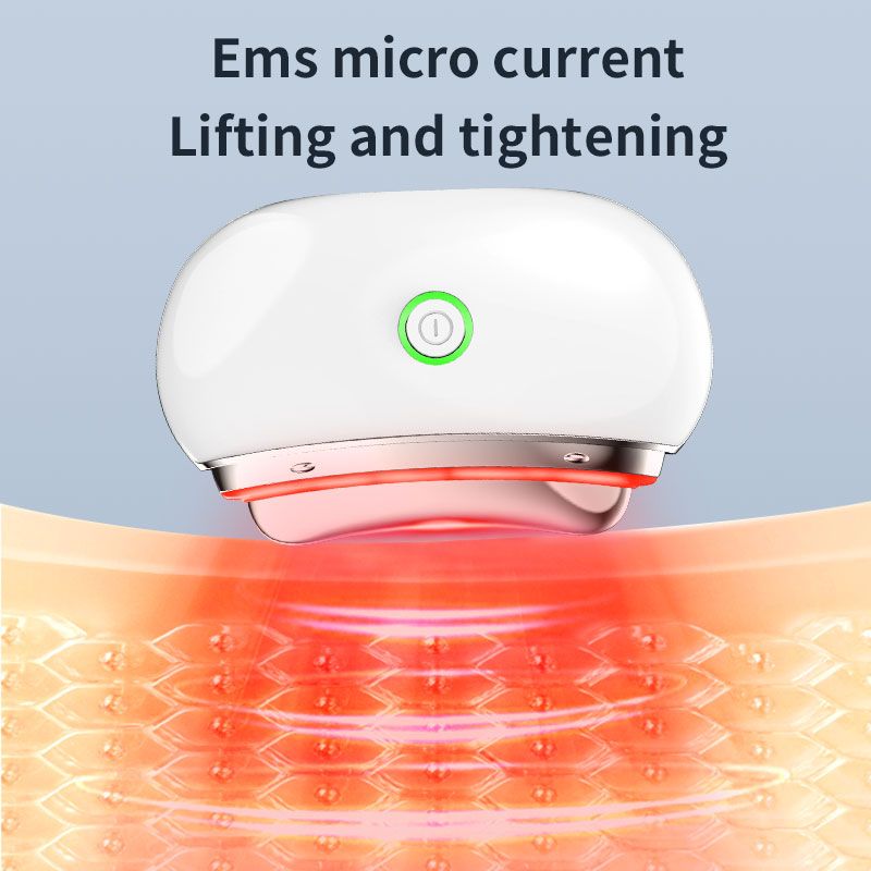 Gesichts-Lifting-Gerät mit rotem Licht. Text: EMS-Mikrostrom, Heben und Straffen. Hautdarstellung.