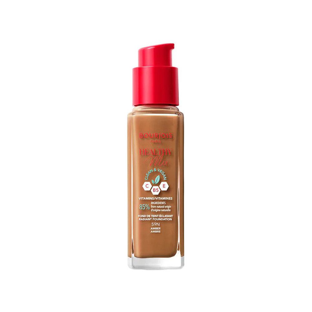 Foundation-Flakon mit rotem Deckel. Aufschrift: Bourjois Healthy Mix. Enthält Vitamine. Farbton Amber.