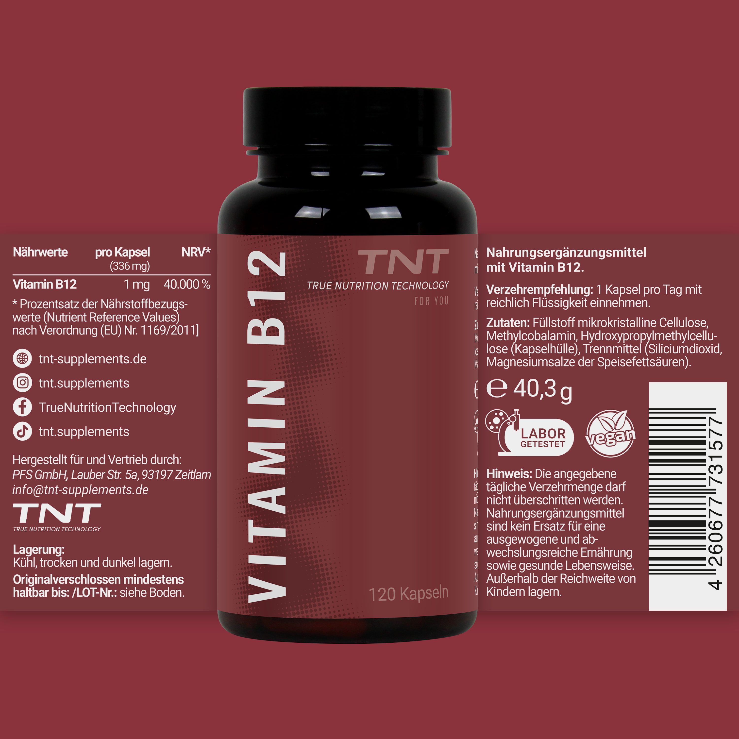 TNT Vitamin B12 - mit 1mg Vitamin B12 pro Kapsel - vegan