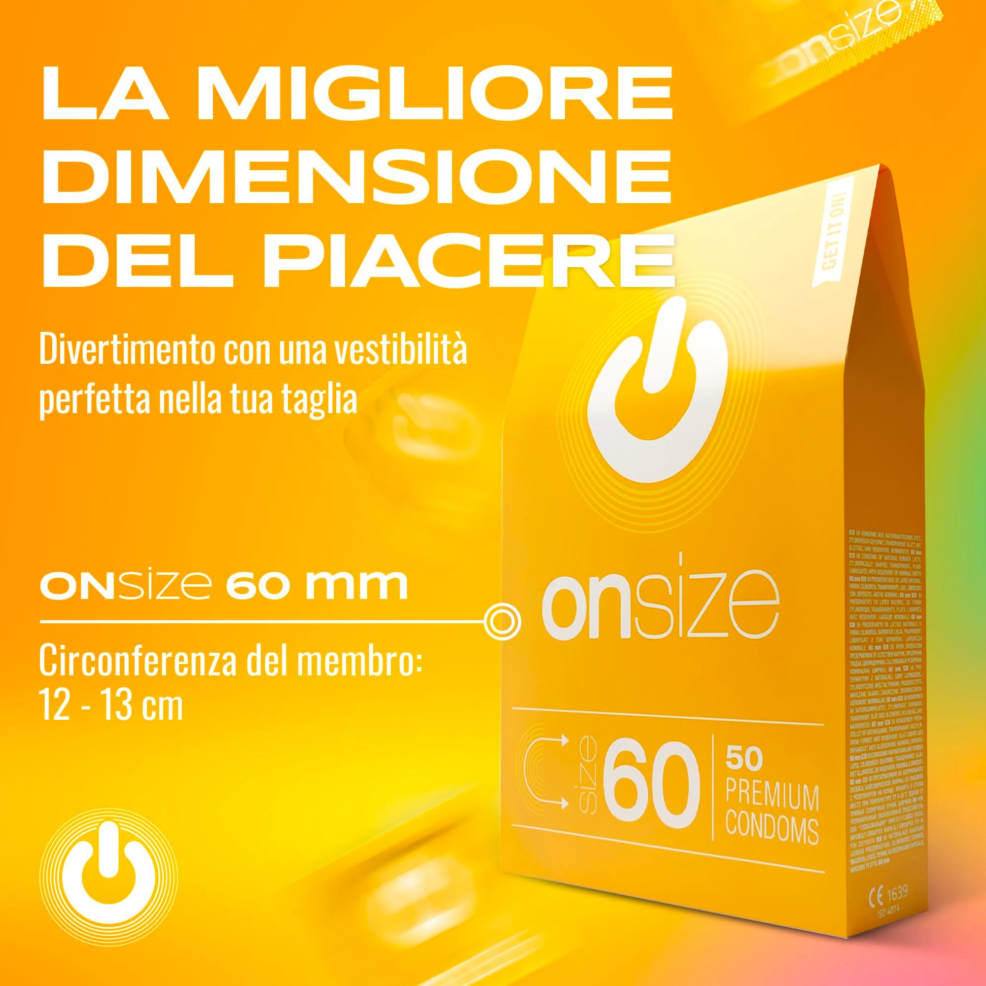 Packung ONsize 60mm, 50 Premium Kondome. Text: Die beste Dimension des Vergnügens.