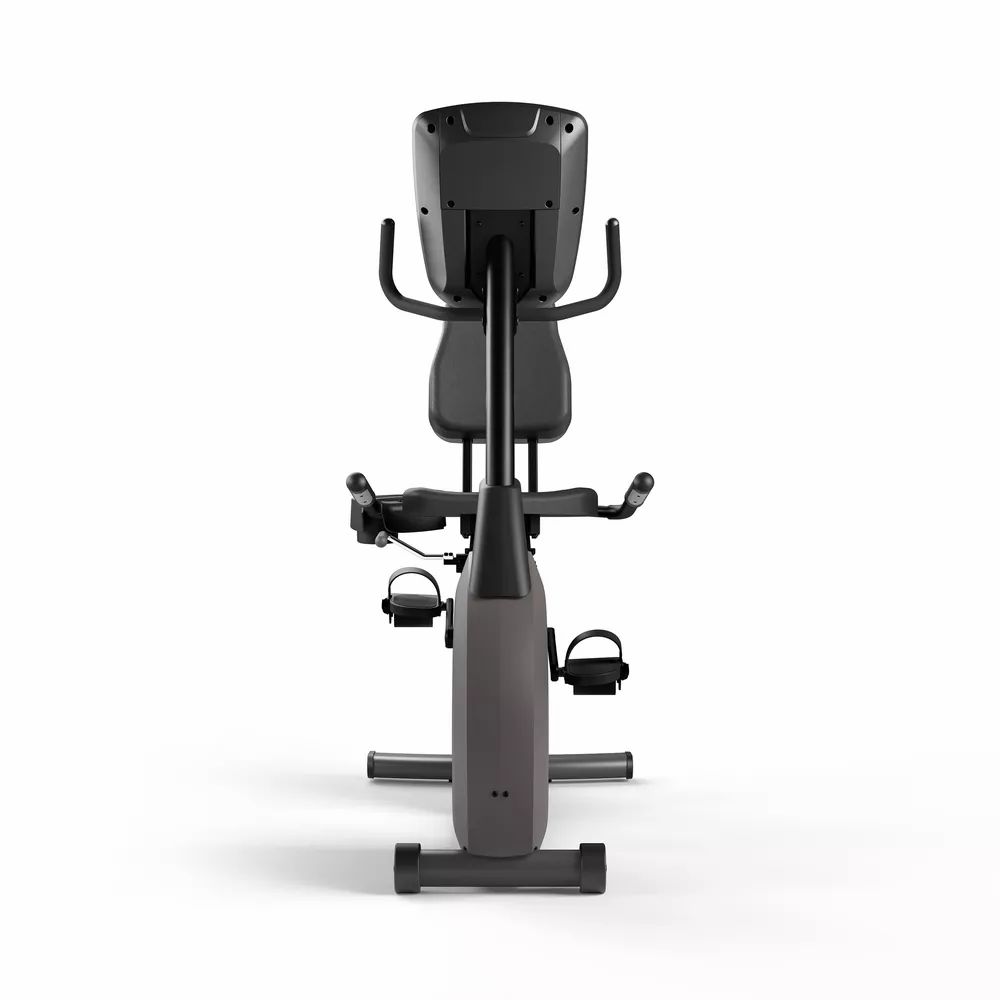Vision Fitness R60. Rückansicht des Ergometers. Schwarzer Sitz, Lenker und Pedale. Grauer Rahmen. Keine weiteren Details.