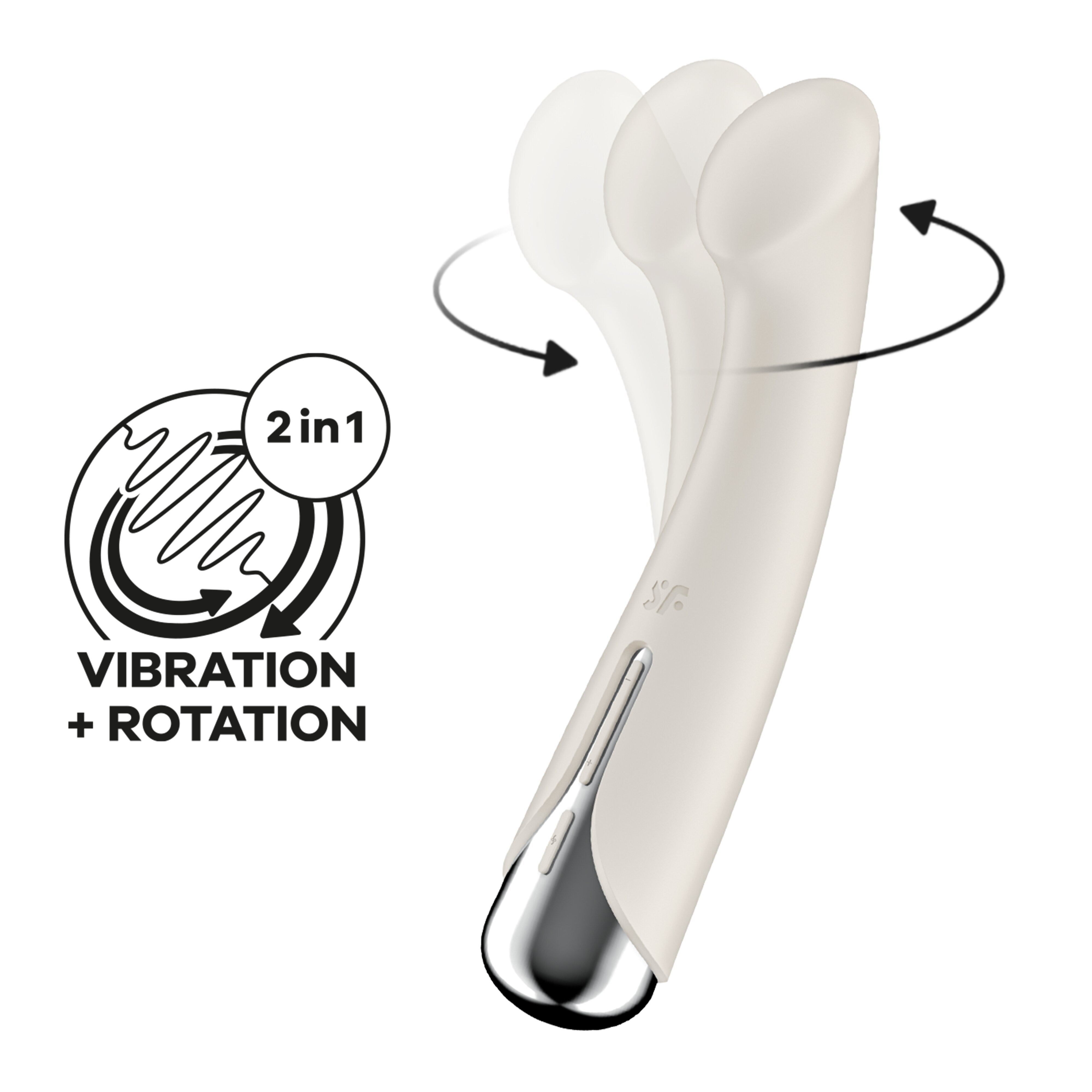 Vibrator mit weißem Gehäuse und silberfarbenem Ende. Illustration: Vibration + Rotation. 2in1-Symbol.
