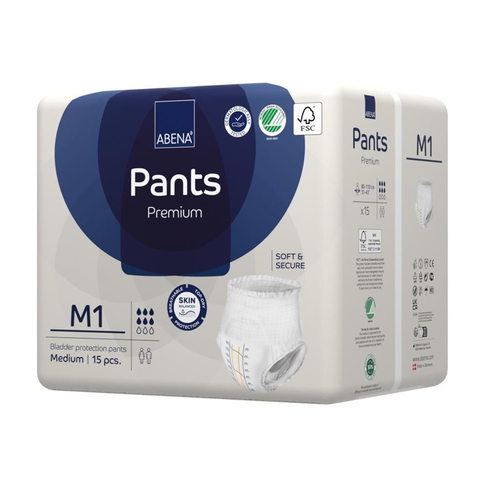Zwei Packungen Abena Pants Premium M1. Verpackung mit Produktabbildung, Logo, und Zertifizierungen. Medium, 15 Stück.