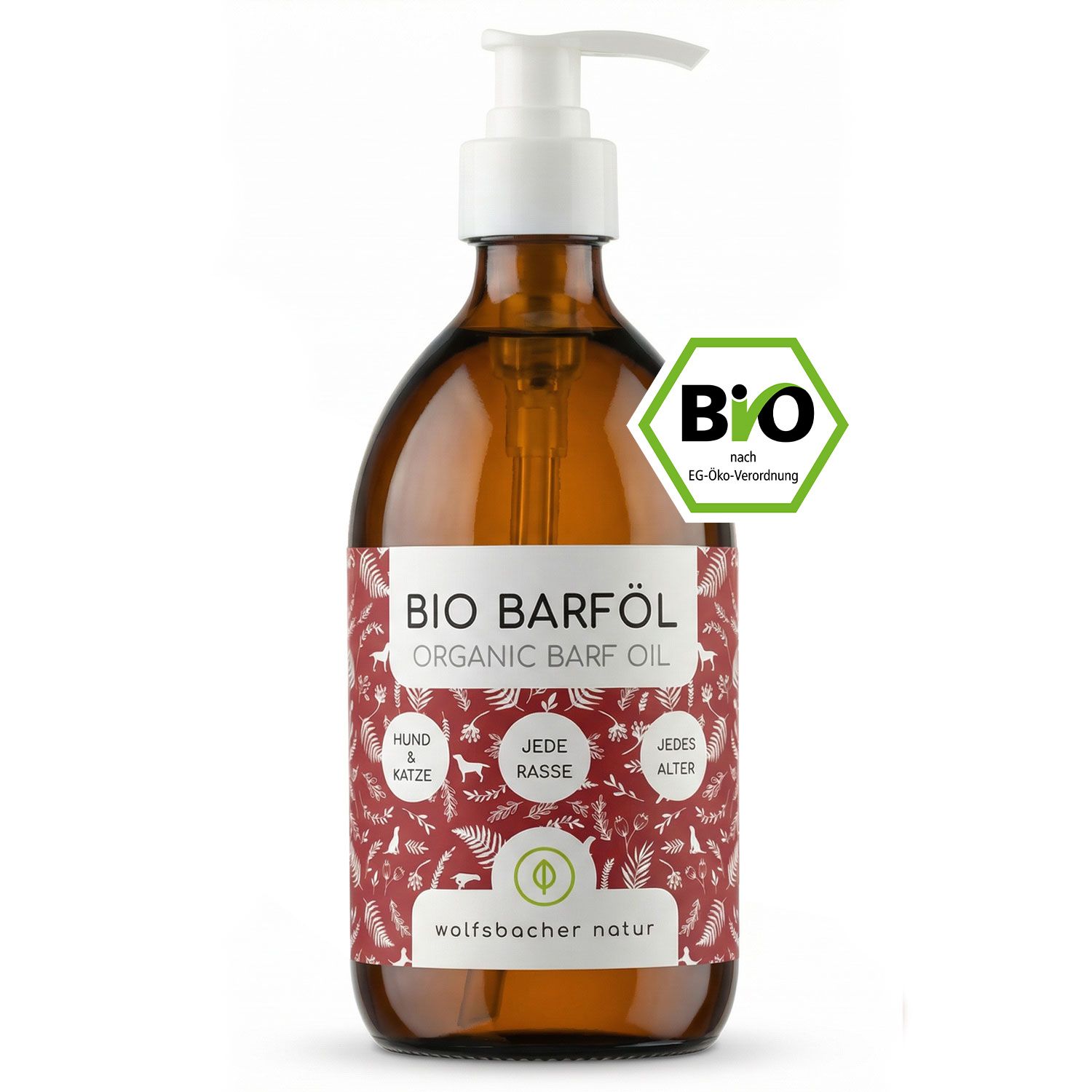 Braune Glasflasche mit Pumpe. Etikett mit "BIO BARFÖL" und Logo. Bio-Siegel. Für Hunde und Katzen, jede Rasse, jedes Alter.