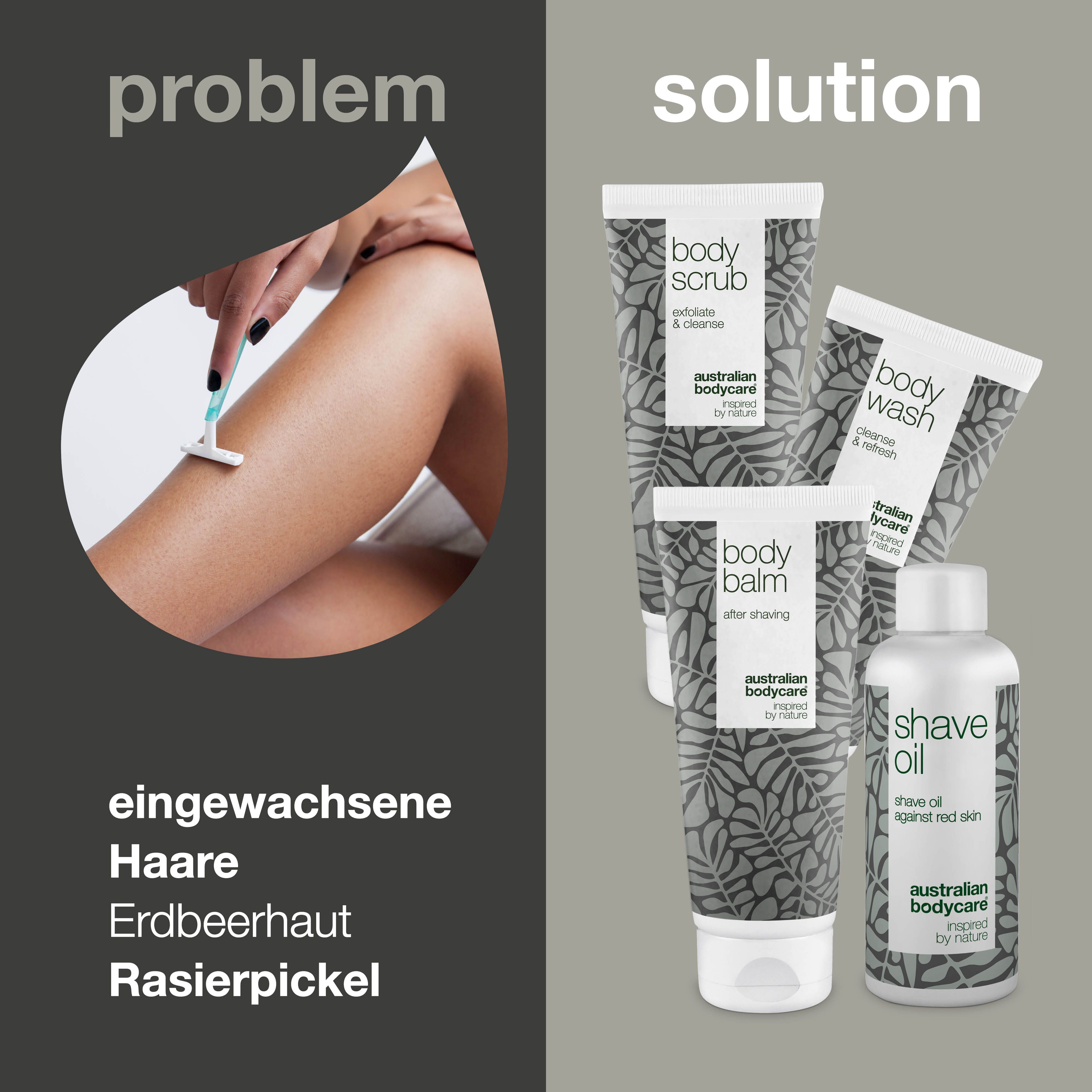 Bein mit Rasierer. Daneben Produkte: Body Scrub, Body Wash, Body Balm und Shave Oil. Text: eingewachsene Haare, Erdbeerhaut, Rasierpickel.