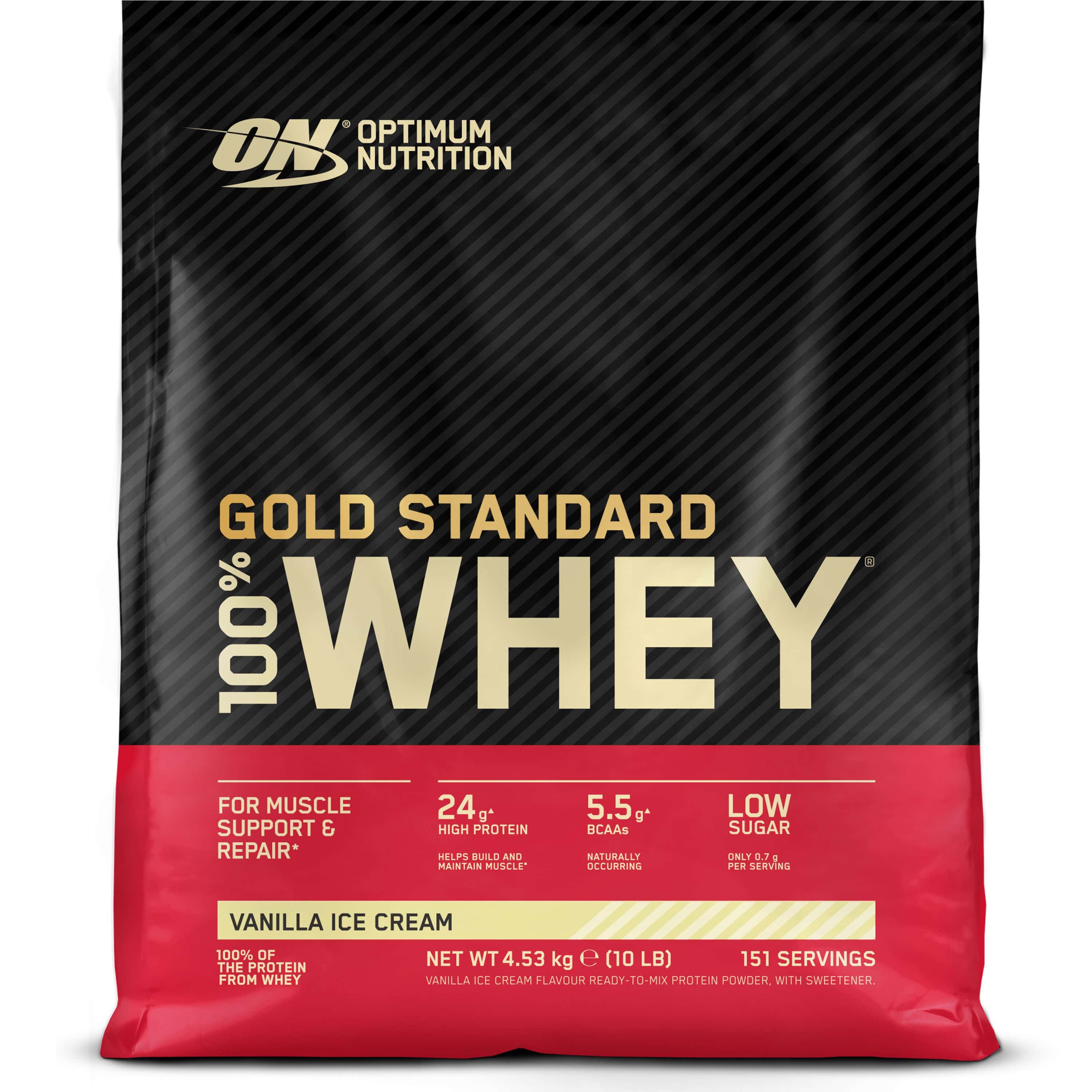 Schwarzer Beutel mit rotem Boden. Aufschrift: Gold Standard 100% Whey, 151 Portionen, 24g Protein, 5.5g BCAAs, Low Sugar. Geschmack: Vanilla Ice Cream.
