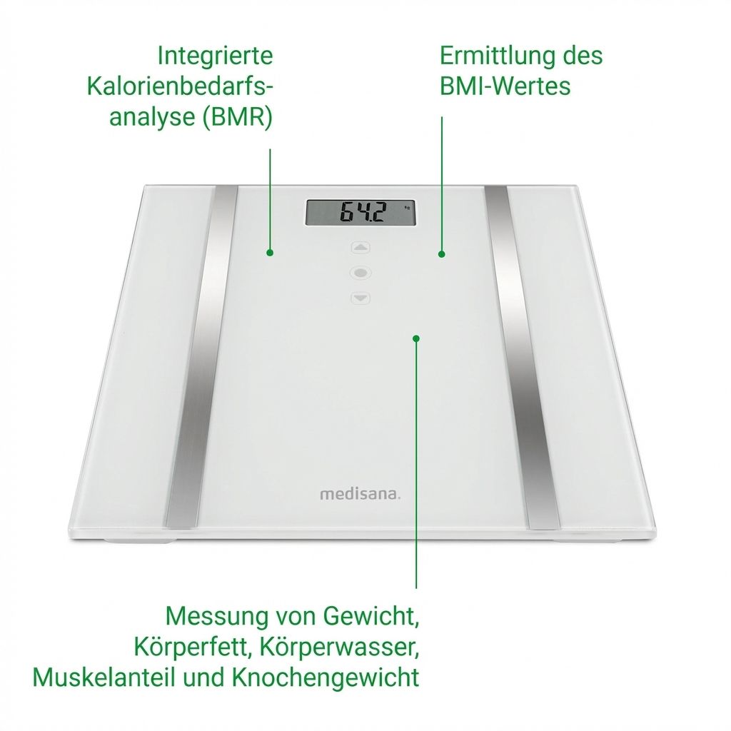 Weiße Körperanalysewaage mit integrierter BMR-Analyse, BMI-Ermittlung und Messung von Gewicht, Körperwasser, Muskeln, Knochen.