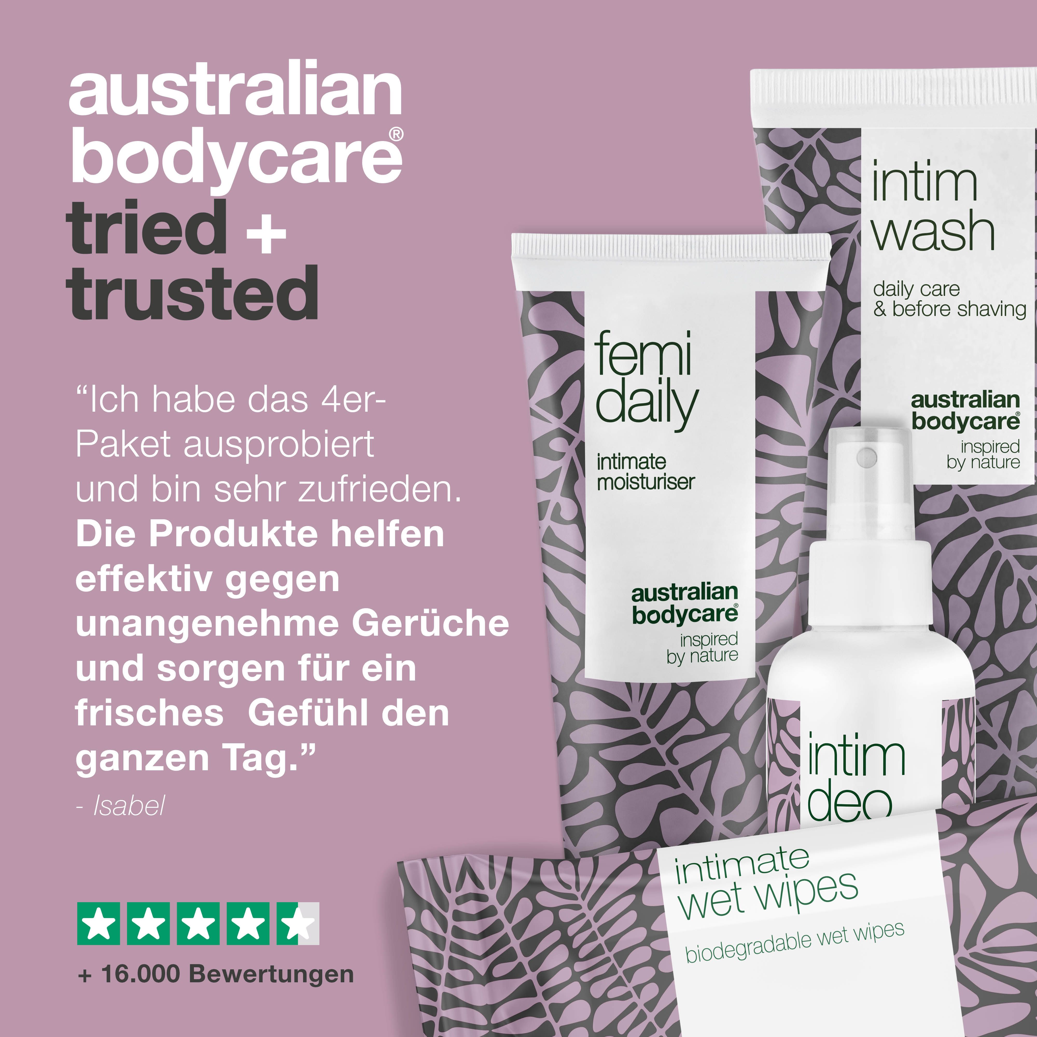 Produkte zur Intimpflege. Text: Getestet und von Dermatologen bestätigt. Sanft zur Intimpflege. Hochwertige Inhaltsstoffe.