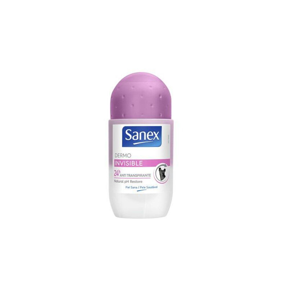 Roll-on-Deodorant mit rosa Kappe und weißem Behälter. Sanex-Logo und Produktbezeichnungen auf der Vorderseite.