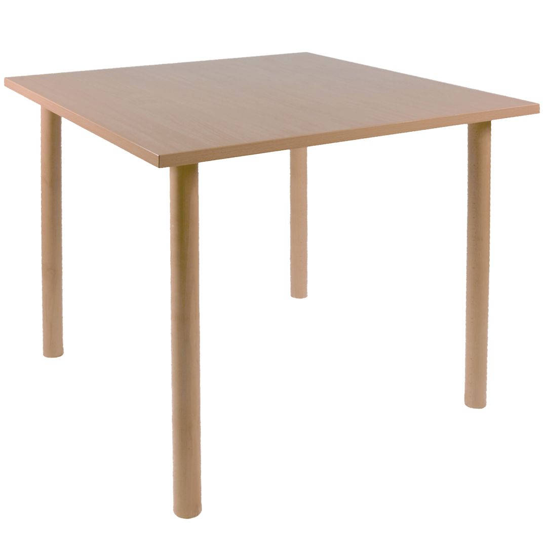 Quadratischer Tisch mit vier zylindrischen Beinen. Helle Holzoptik, Draufsicht.