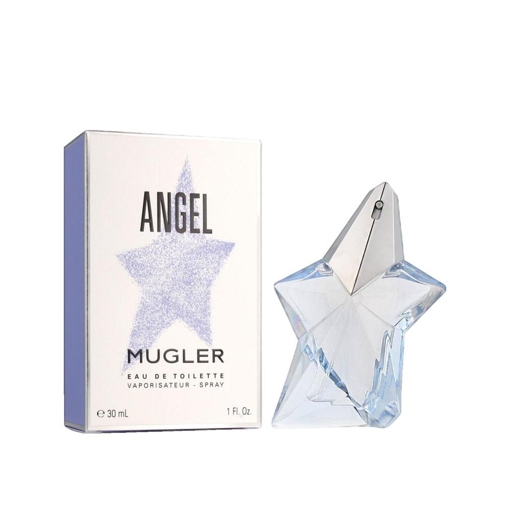 Ein sternförmiger Flakon und eine Schachtel. Auf der Schachtel steht "Angel" und "Mugler". Der Flakon ist blau und hat einen silbernen Verschluss.