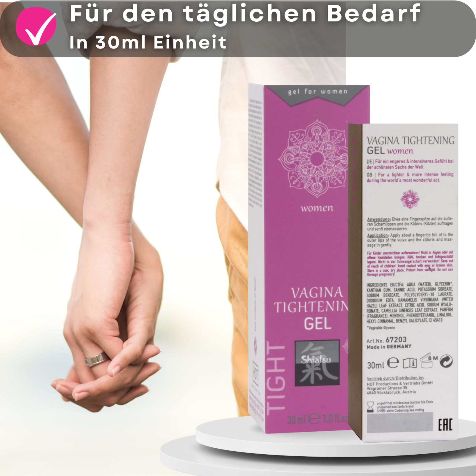 Produktverpackung und Tube. Aufschrift: Vagina Tightening Gel, Shiatsu. Für Frauen. Hintergrund: Paar.