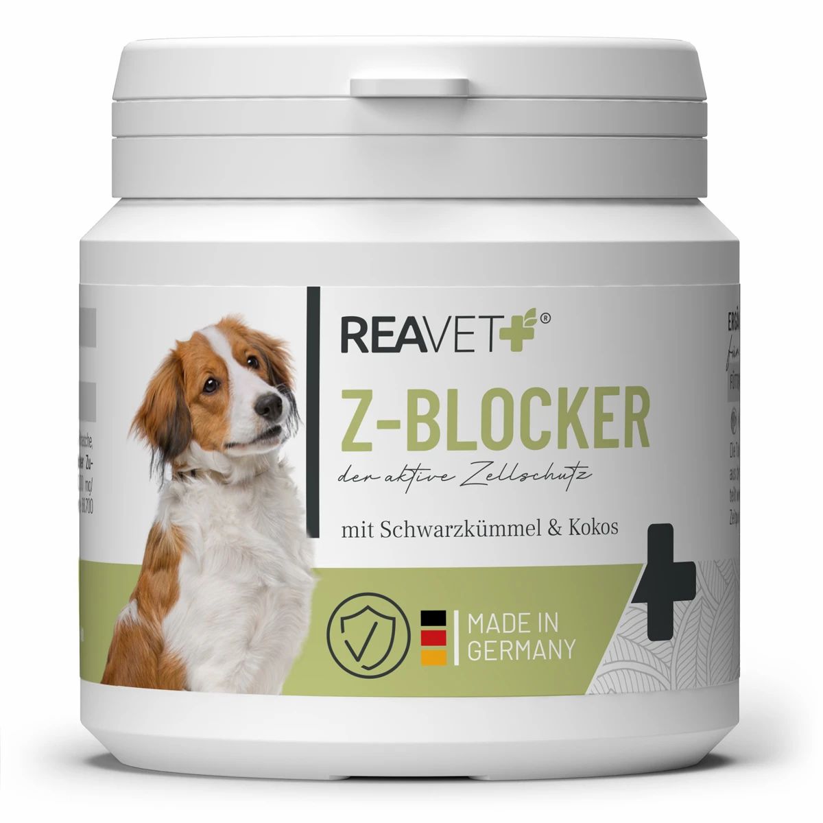 Weiße Dose mit Tabletten. Aufschrift: Z-Blocker, ReaVET. Logo mit Hund. Text: Made in Germany. Schwarzer Plus-Zeichen.