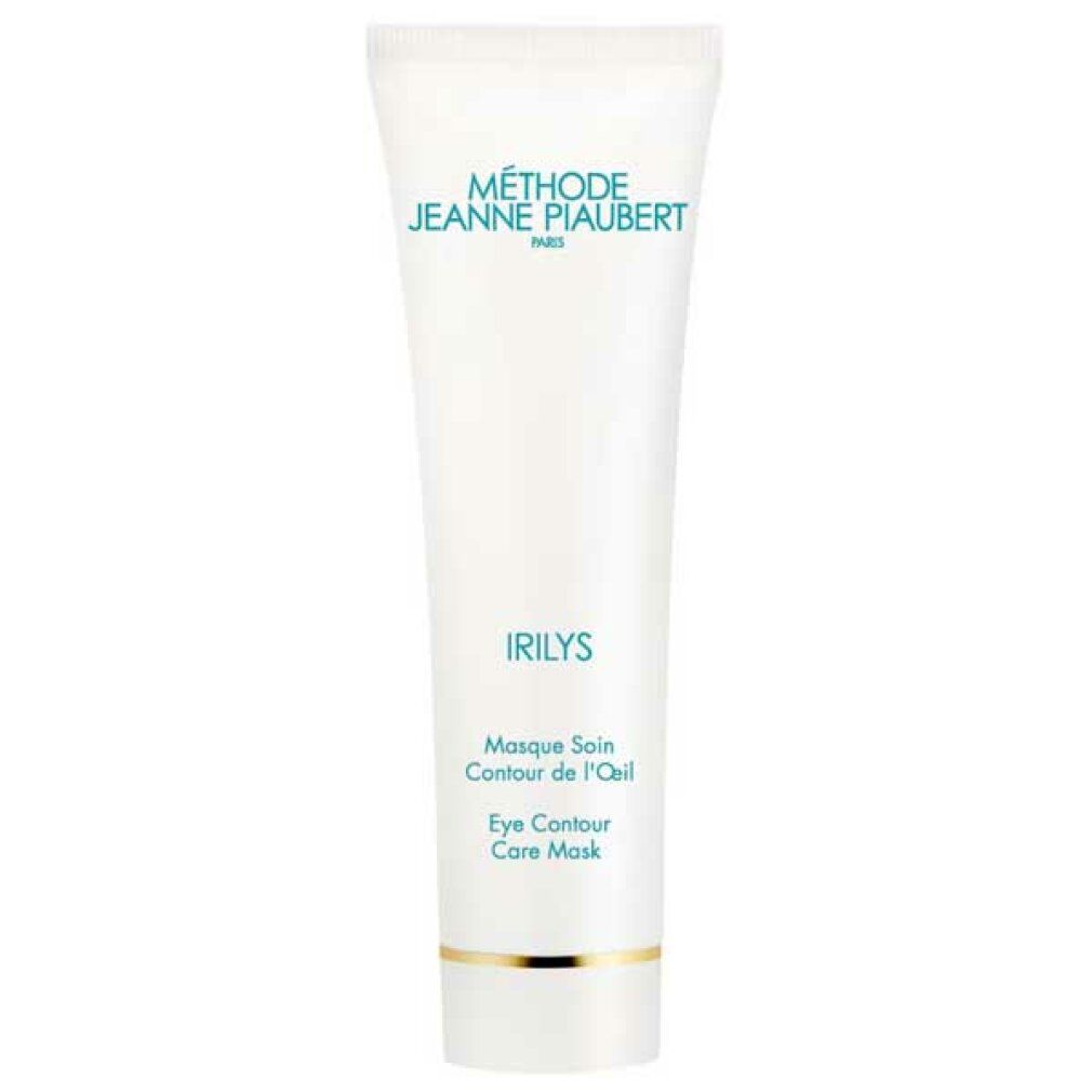 Weiße Tube mit blauer Schrift. Text: Méthode Jeanne Piaubert, Irilys, Masque Soin Contour de l'œil, Eye Contour Care Mask.