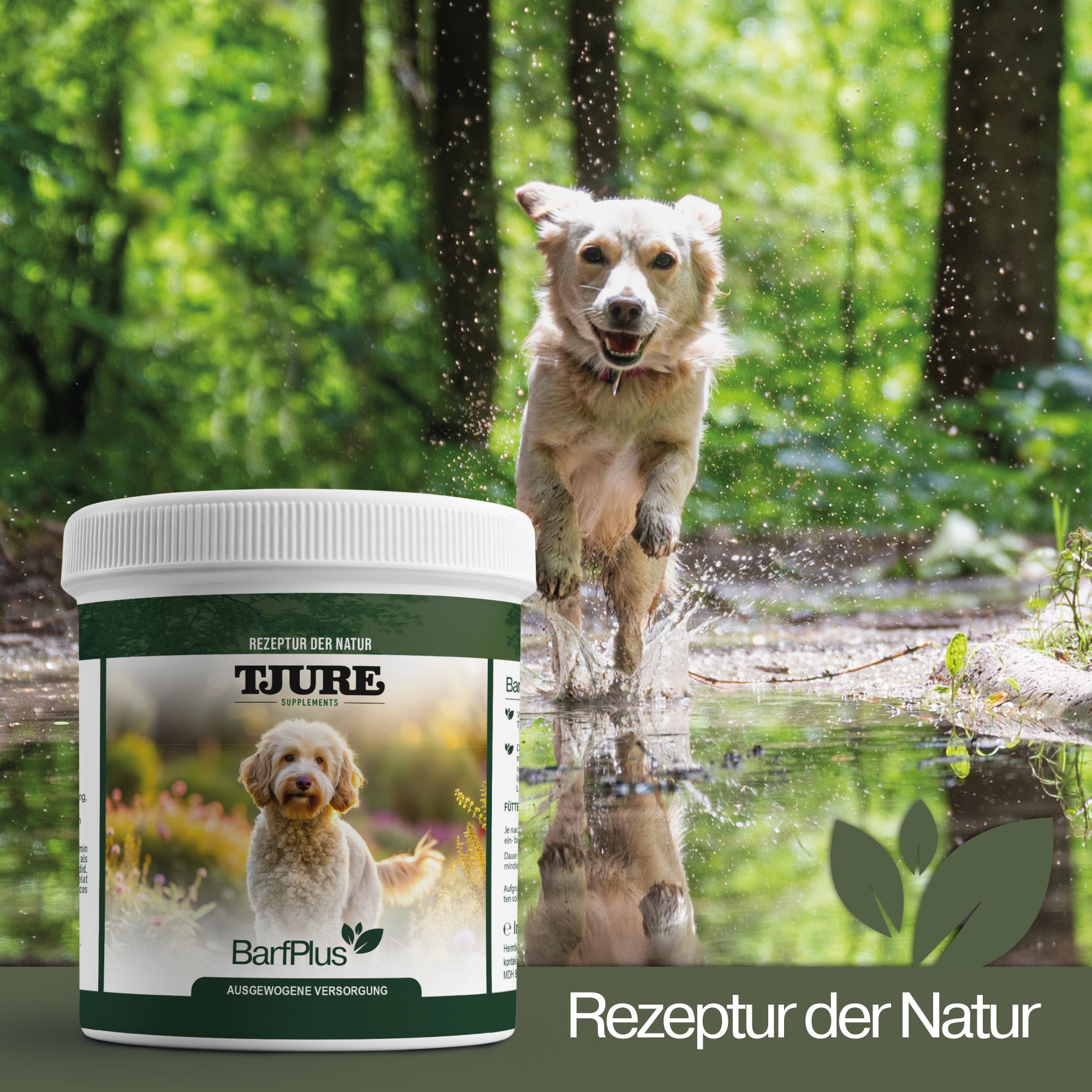 Tjure Hund Barf Plus-Behälter neben einem springenden Hund. Text: Rezeptur der Natur.