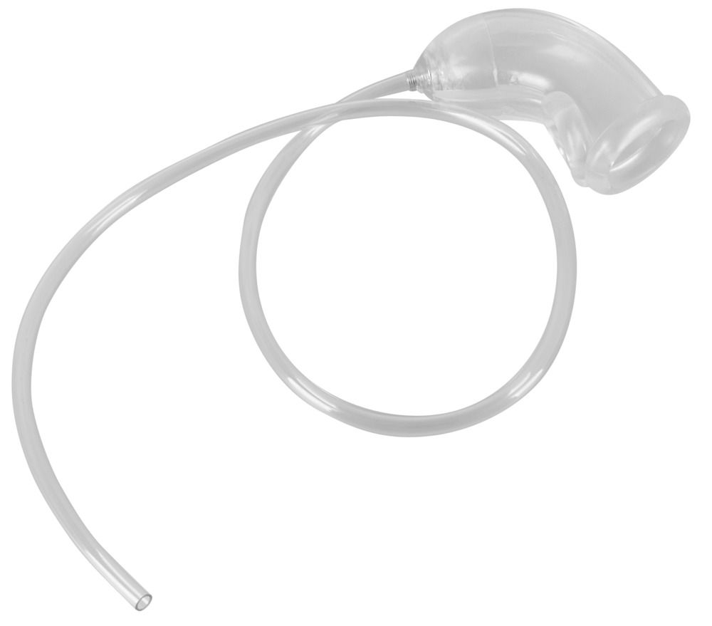 Transparentes, flexibles Produkt mit gebogener Form und Schlauch. Detailansicht.