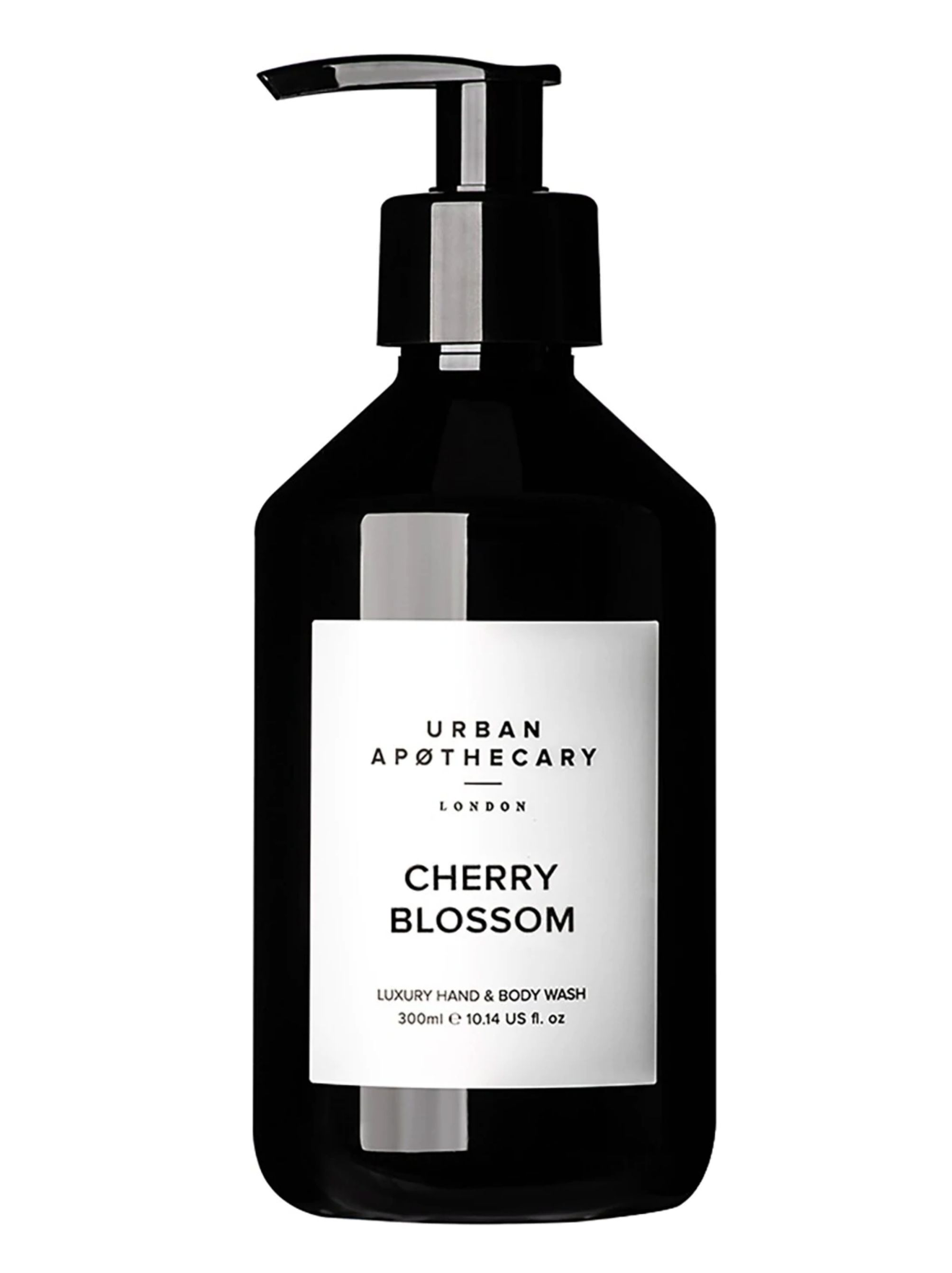Schwarze Flasche mit Pumpe. Aufkleber mit "Urban Apothecary London", "Cherry Blossom" und "Luxury Hand & Body Wash".