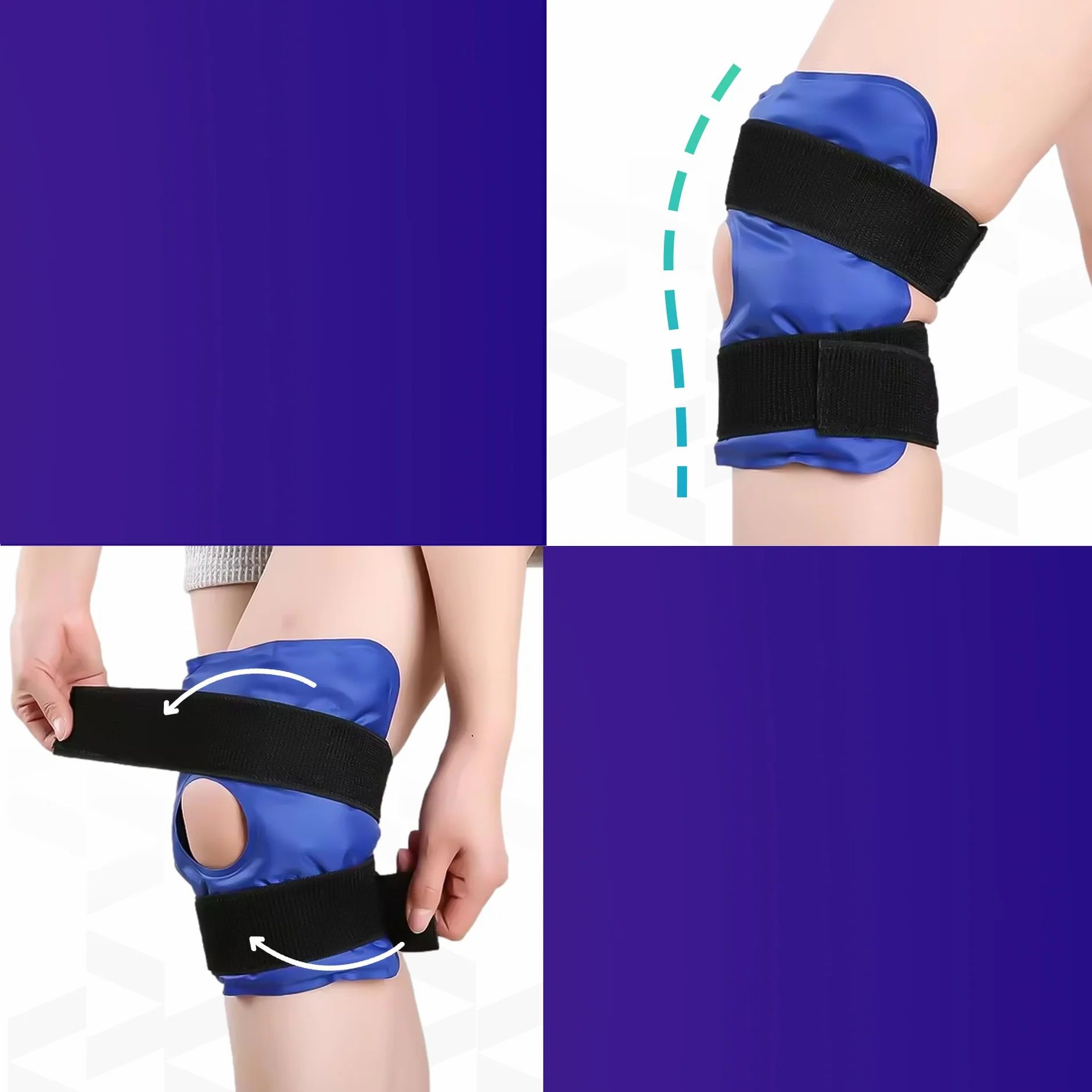 Blaues Kniegelpack mit schwarzen Gurten. Anwendung am Bein. Illustrationen zur Anwendung.