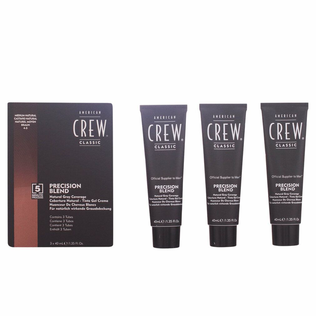 American Crew Precision Blend 4 5. Set mit Schachtel und drei Tuben. Schwarze Verpackung mit Produktnamen und Details. Tuben mit Produktnamen.