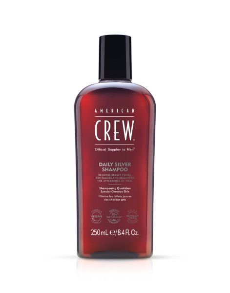 AMERICAN CREW Daily Silver Shampoo. Rote Flasche mit schwarzem Deckel. Text: Daily Silver Shampoo, 250ml, vegan.