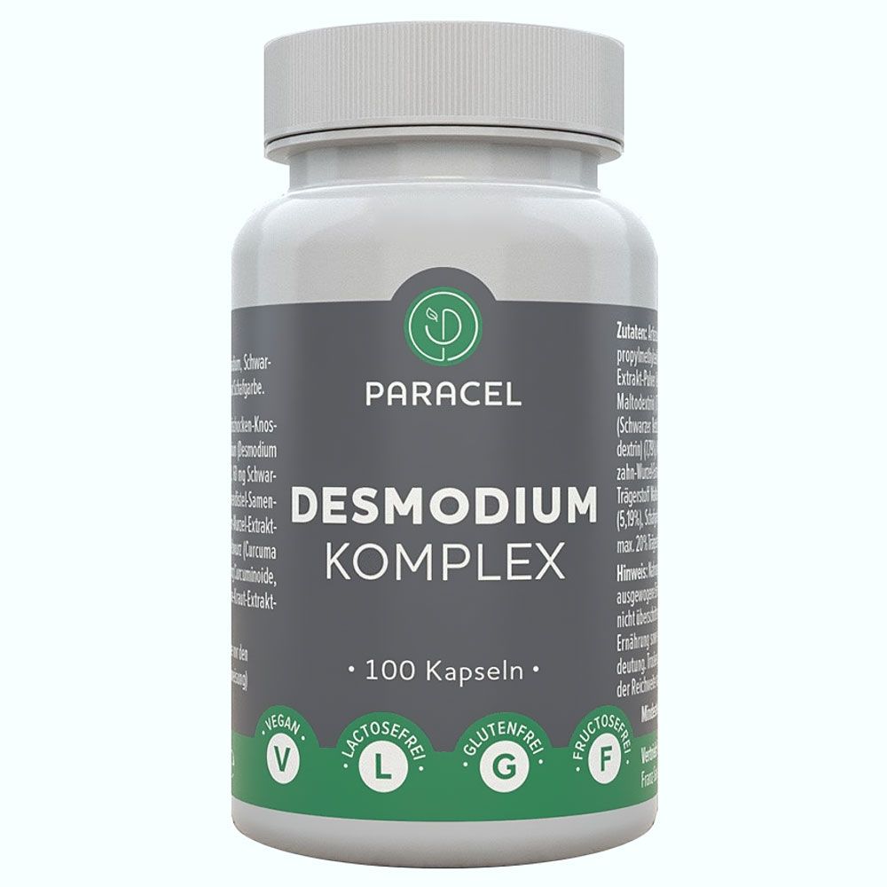Weiße Flasche mit PARACEL Desmodium Komplex Kapseln. Schwarzer Aufkleber mit Produktnamen und 100 Kapseln. Vegan, laktosefrei, glutenfrei, fruktosefrei.