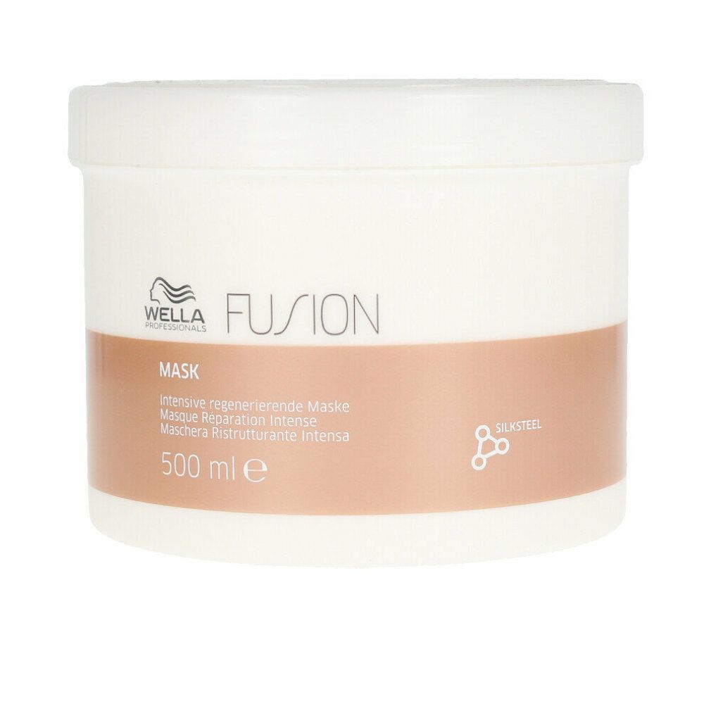 Weißer Tiegel mit braunem Band. Aufschrift: WELLA FUSION, MASK, 500 ml. Logo und Schriftzug SILKSTEEL.