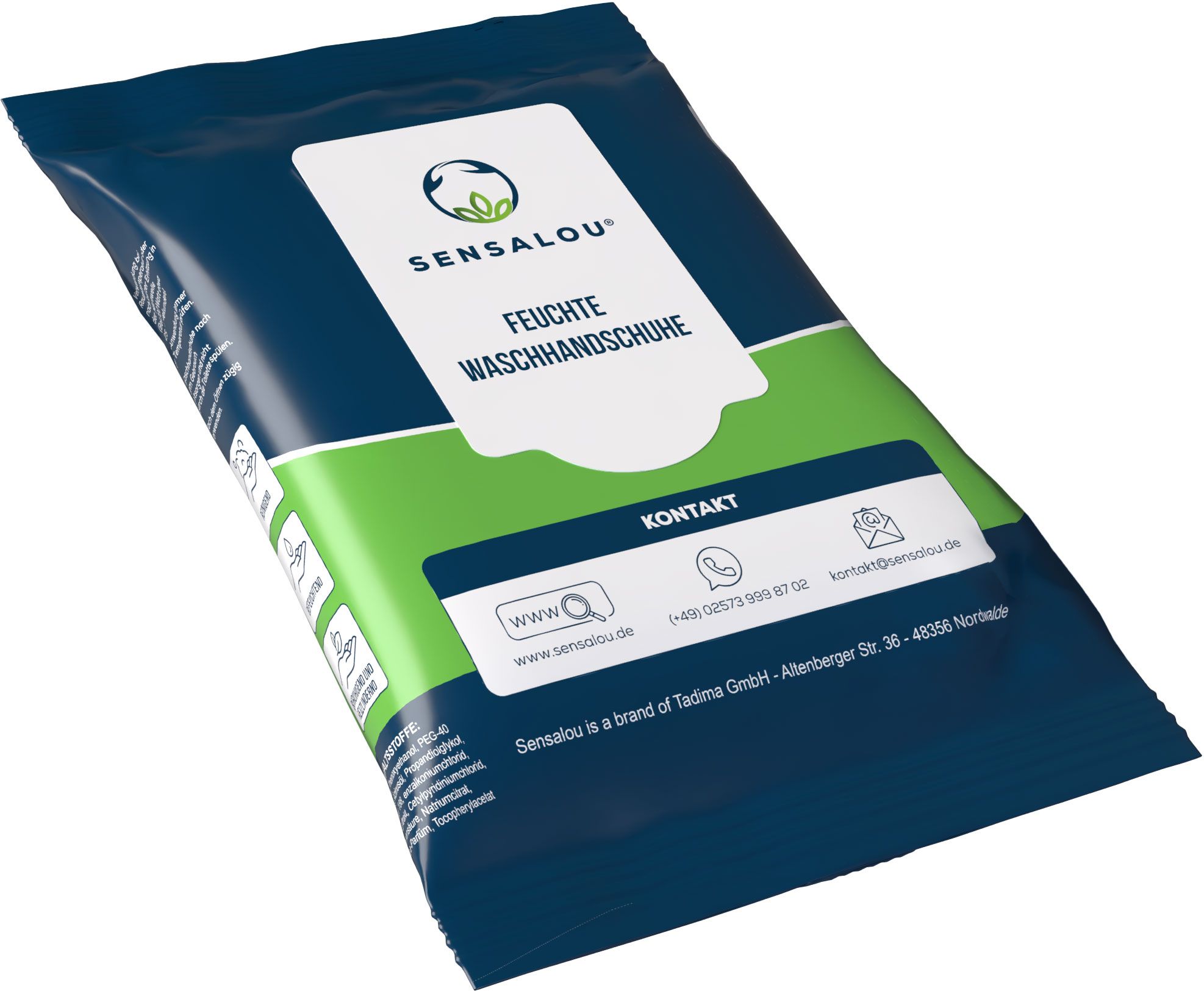 Verpackung von Sensalou Feuchte Waschhandschuhe. Blau-grüne Folienverpackung mit Produktnamen und Kontaktinformationen.