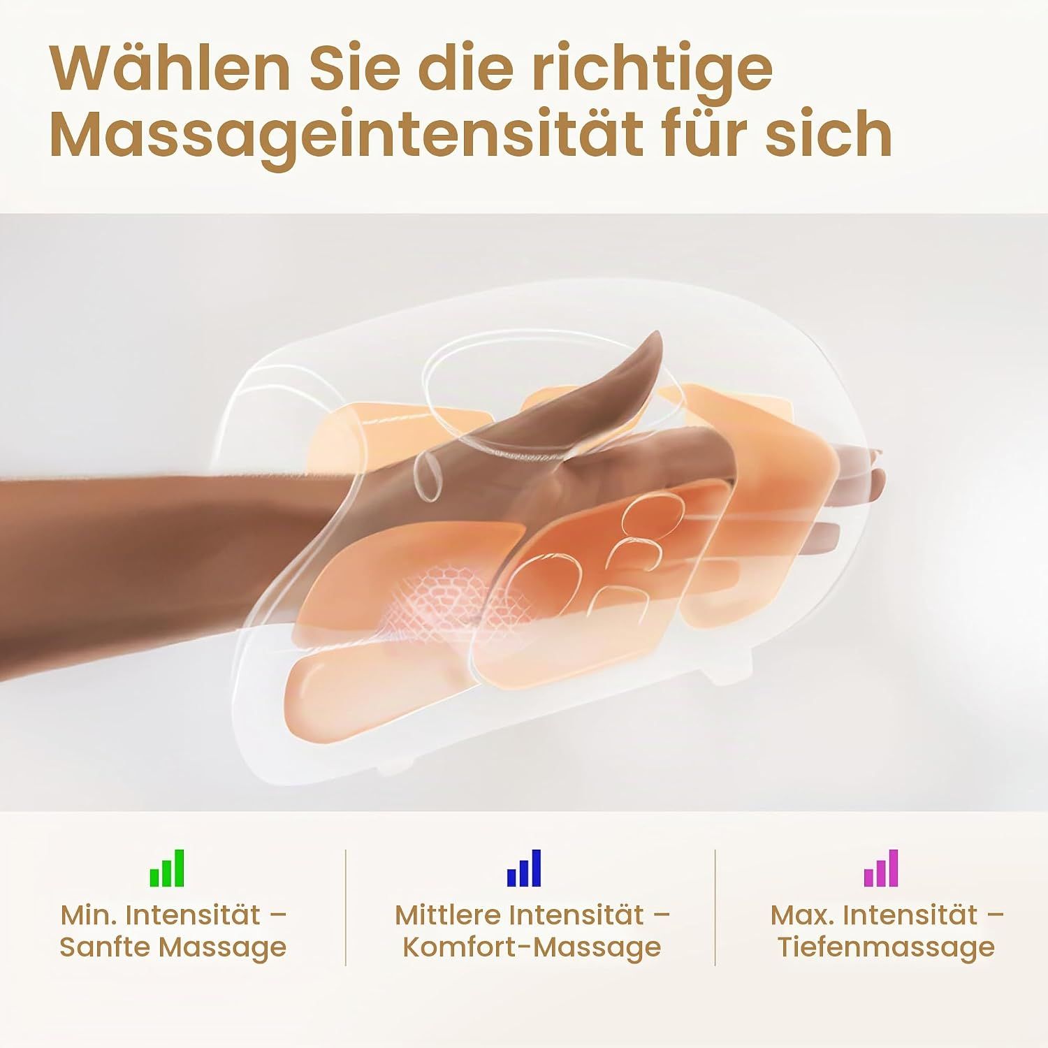 Frau mit Kniebandage, die auf einem Laptop tippt. Anzeige von Vibrations- und Heizmodi.