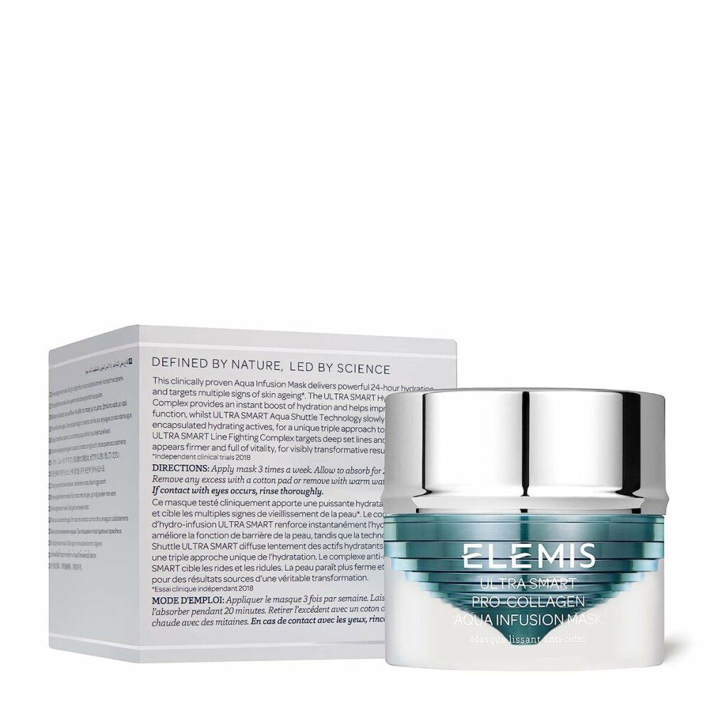 Produkt und Verpackung. Aufschrift: Elemis Ultra Smart Pro-Collagen Aqua Infusion Mask. Text auf der Verpackung.