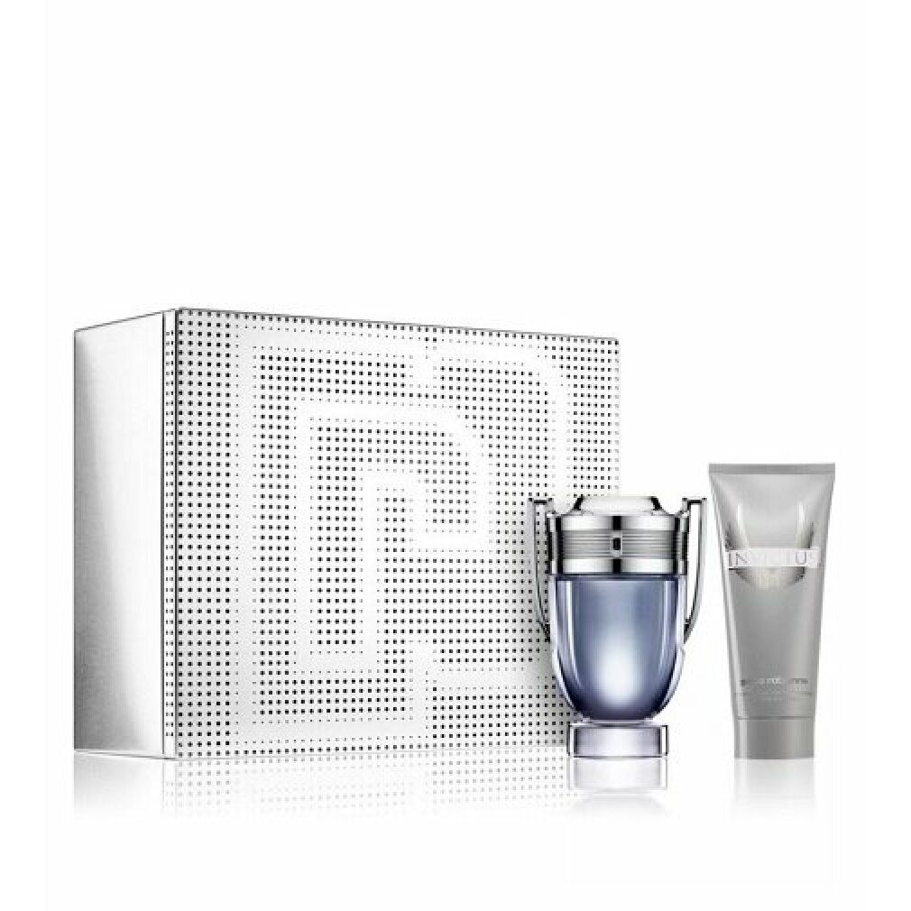 Paco Rabanne Invictus Parfümset mit Duschgel. Silberne Geschenkbox, Parfümflakon und Duschgelflasche.
