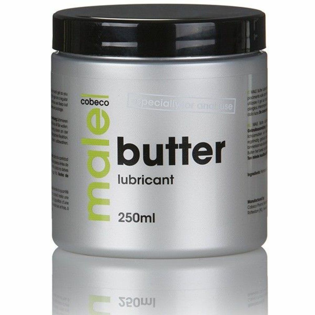 Zylinderförmige Dose mit schwarzem Deckel. Aufschrift: male butter lubricant 250ml. Marke: cobeco.