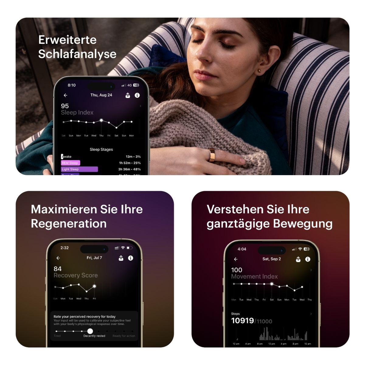 Drei Smartphone-Bildschirme zeigen erweiterte Schlafanalyse, Erholung und Bewegungsindex. Eine Person schläft.
