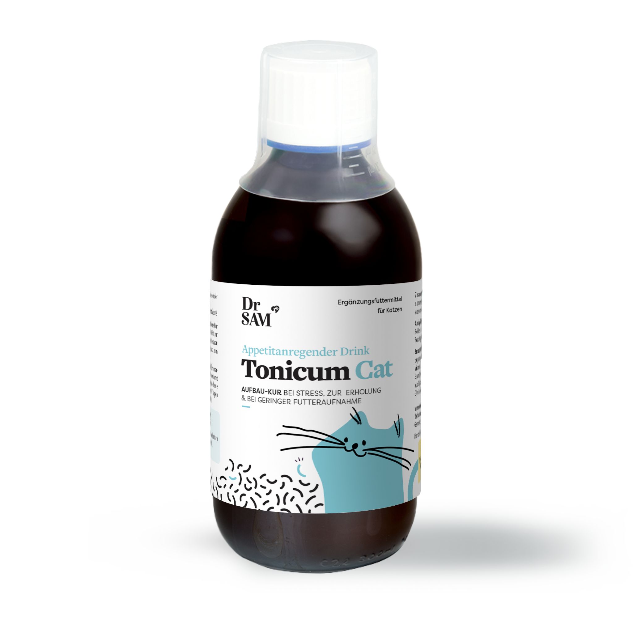 Eine Flasche Dr. SAM Tonicum Cat, appetitanregender Drink für Katzen. Mit blauem Etikett und Katzen-Illustration. Weißer Verschluss.
