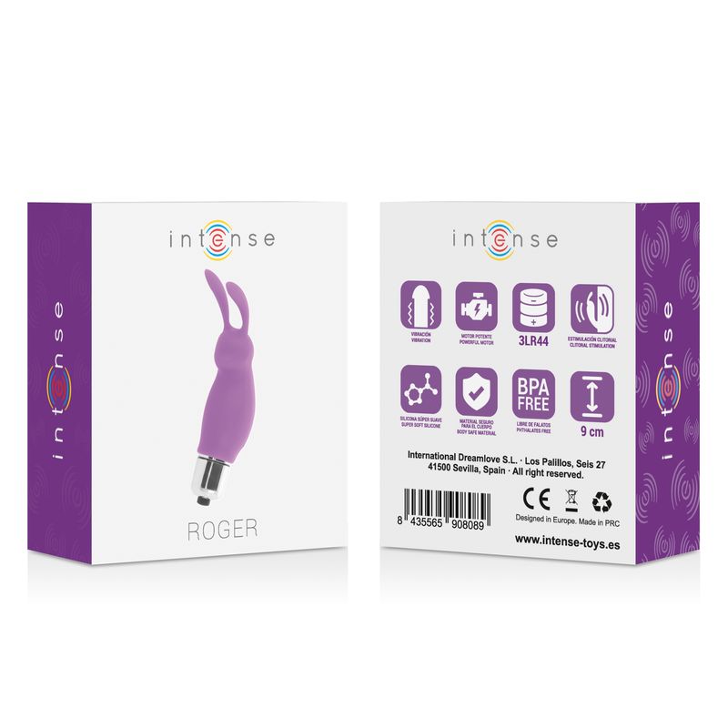 Weiße Verpackung mit Produktabbildung und Text. Enthält Logos und Informationen. 'Intense ROGER' sichtbar.