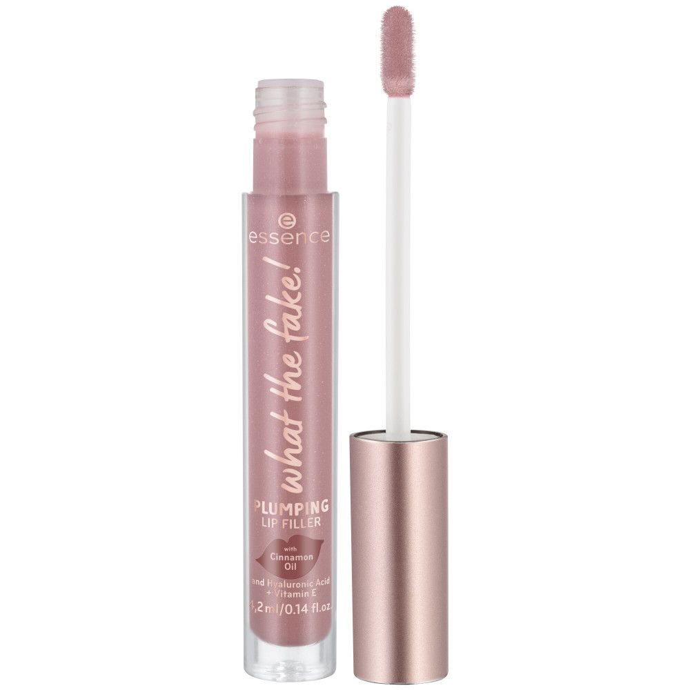 Lippenvolumen Gloss mit Applikator. Rosa Tube, roségoldfarbener Deckel. Aufschrift: What the Fake!, Plumping Lip Filler.