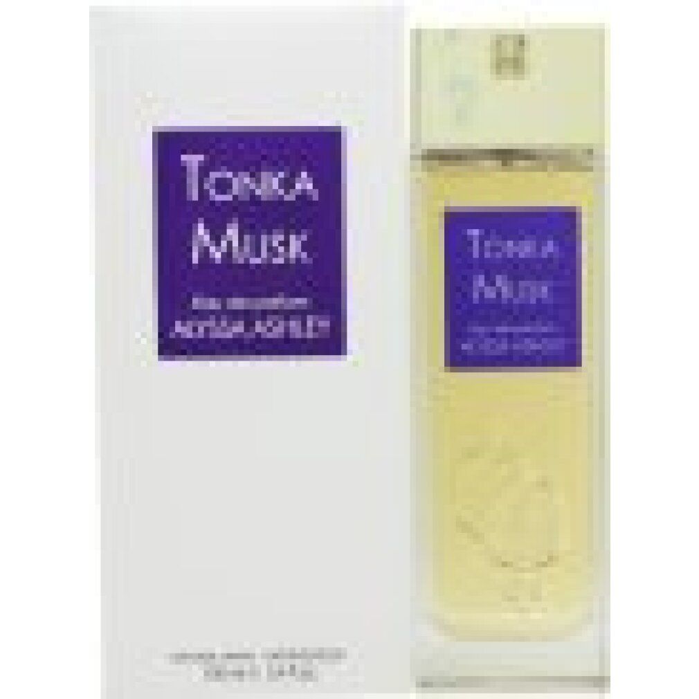 Parfümflakon und Verpackung. Aufschrift Tonka Musk, Alyssa Ashley. Rechteckige Form.