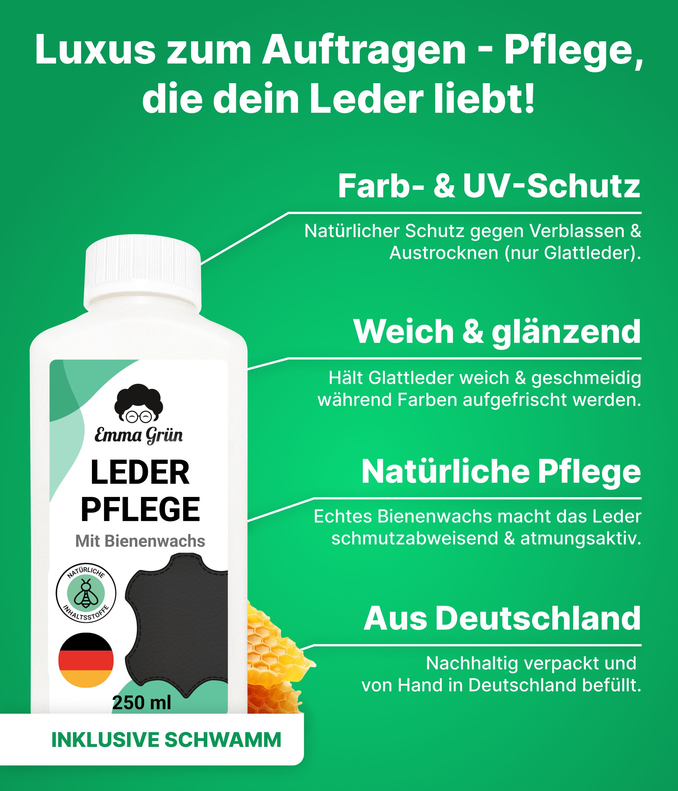 Weiße Flasche Emma Grün® Lederpflege mit Bienenwachs. Text: 250 ml. Mit deutscher Flagge. Inklusive Schwamm. Text: 'Aus Deutschland'.