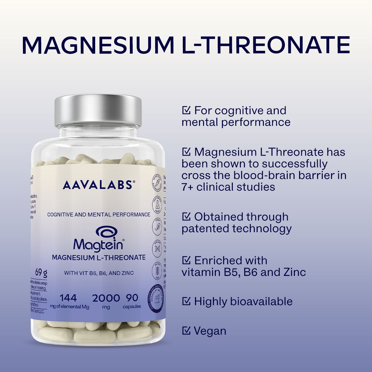 Aavalabs Magtein Magnesium L-Threonat Flasche mit Vorteilen.