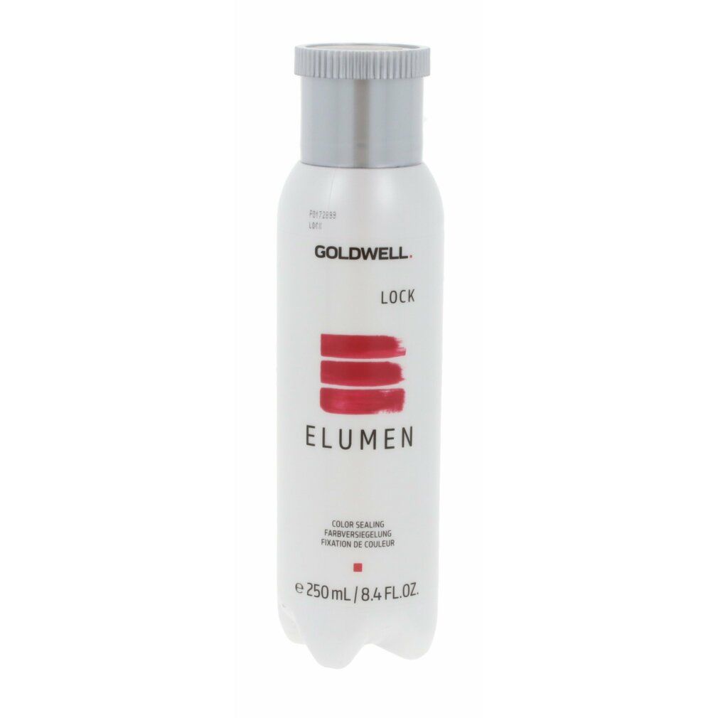Goldwell Elumen Lock Flasche. Weiß, mit silbernem Deckel. Rote Streifen und Schriftzug Elumen. 250 ml.