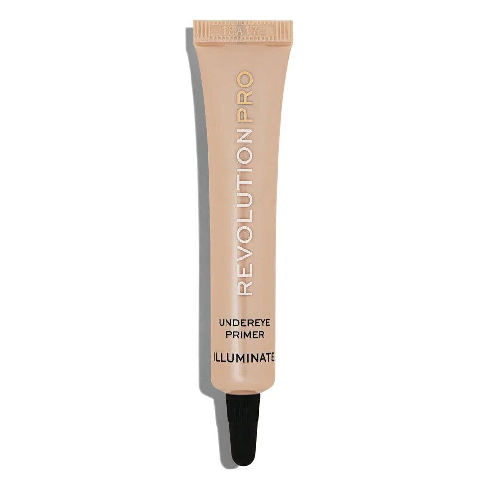 Beige Tube mit schwarzer Spitze. Aufschrift: REVOLUTION PRO, UNDEREYE PRIMER, ILLUMINATE.